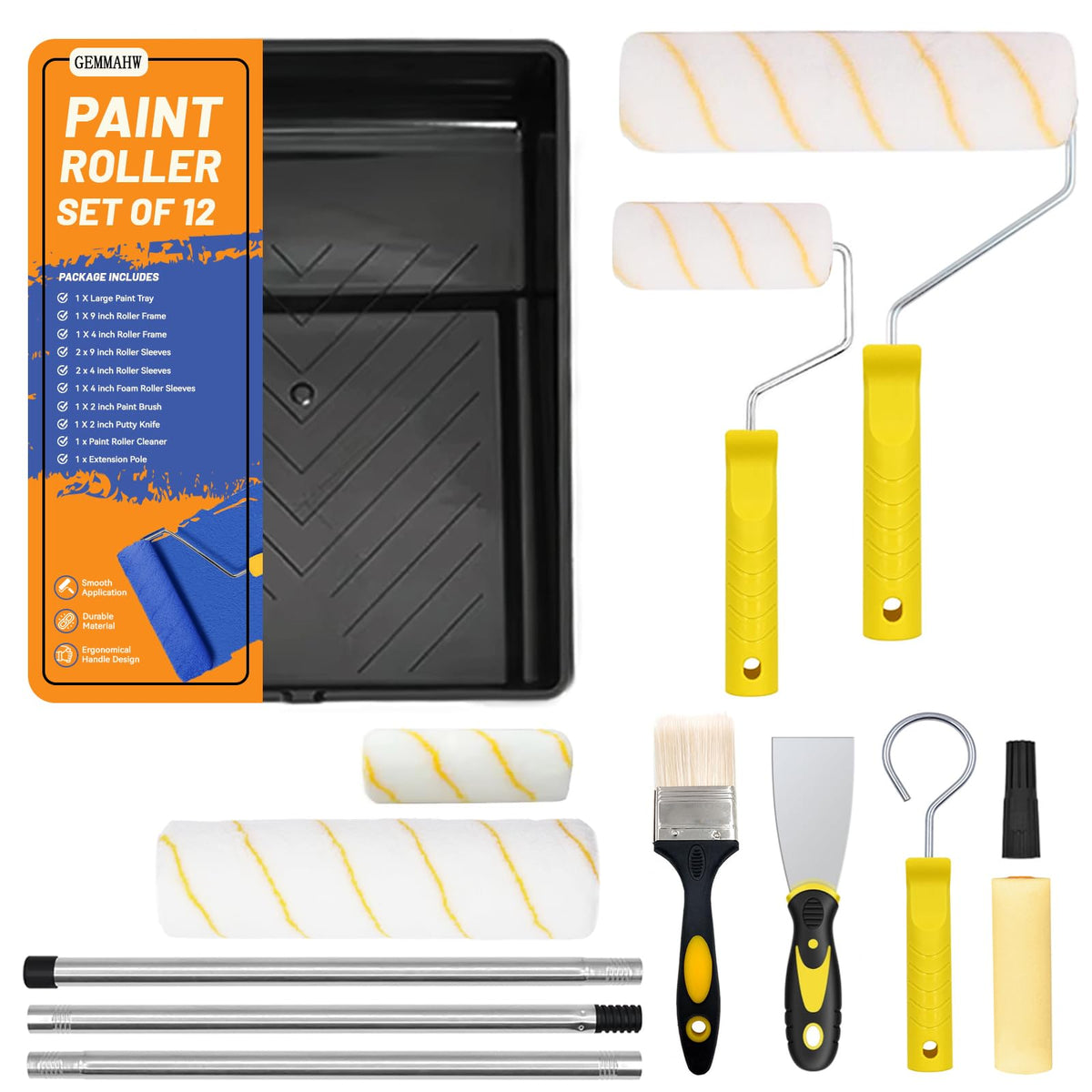 Paint Roller Set 12 Pieces, Professional Paint Rollers and Trays Sets, 9 inch Painting Roller Set with Extension Pole, Paint Brush, 5 Roller Sleeves -