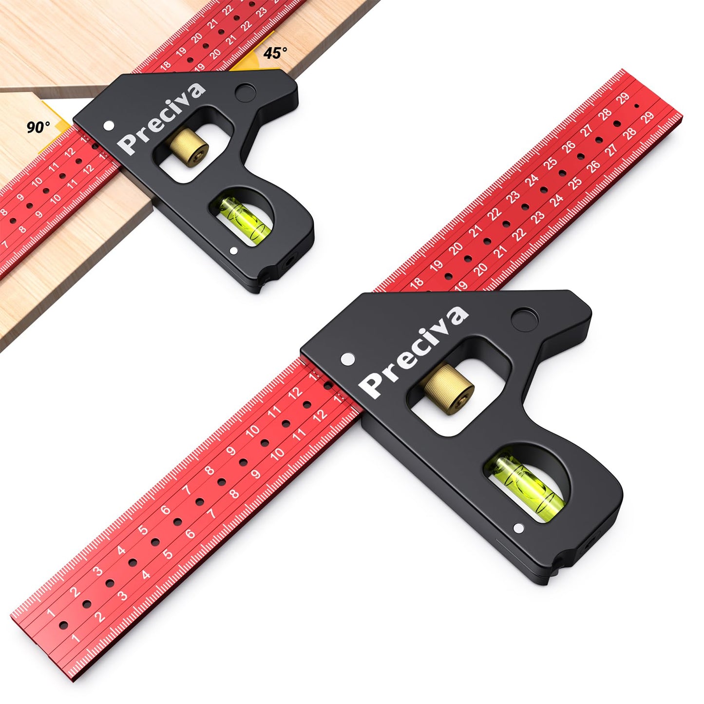 Combination Set Square, Preciva Carpenter Engineer Marking Gauge 45/90 Degrees with Bubble Level, Adjustable Carpenters Square Woodworking Rule,
