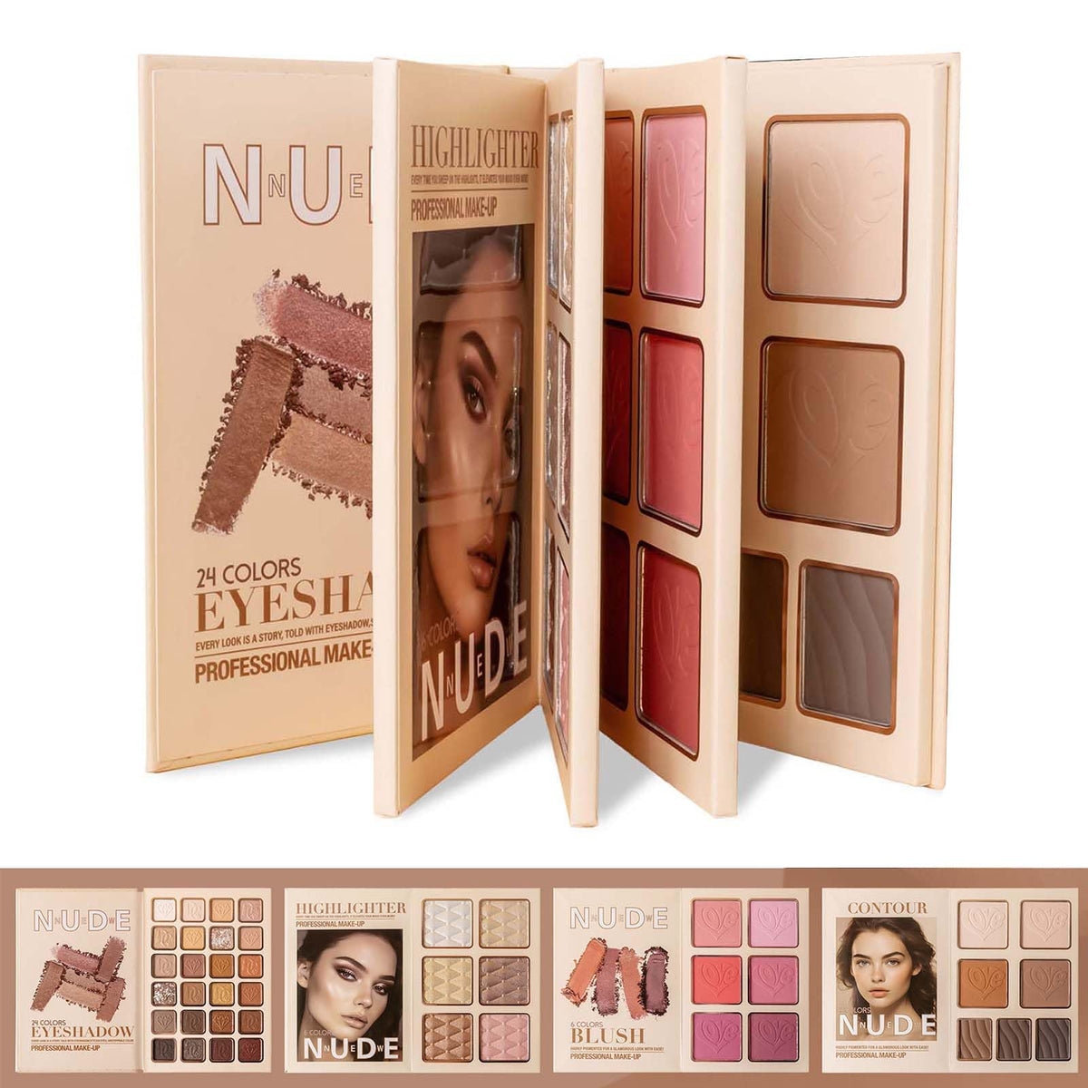 Makeup Palette,Eyeshadow & Highlighter & Blush & Contouring,4-Layer Book-Style Foldable Makeup Palette Set,Matte Glitter Metallic Shimmer, Highly