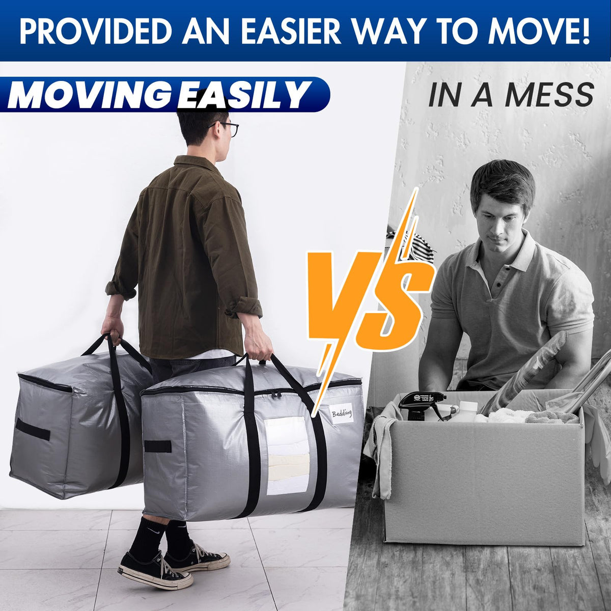 TAILI Moving Bags Heavy Duty with Zips Extra Large 6 Pack,Clear Window & Reinforced Handles,Silver Storage bags for Clothes, Beddings,Travel,Moving