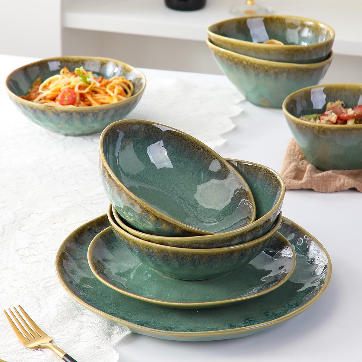 Bowls Set of 4 Bowls - 25 Oz, Cereal Bowls Stoneware Set/Soup Bowls Ceramic Bowls Ramen Retro Green - 750ml