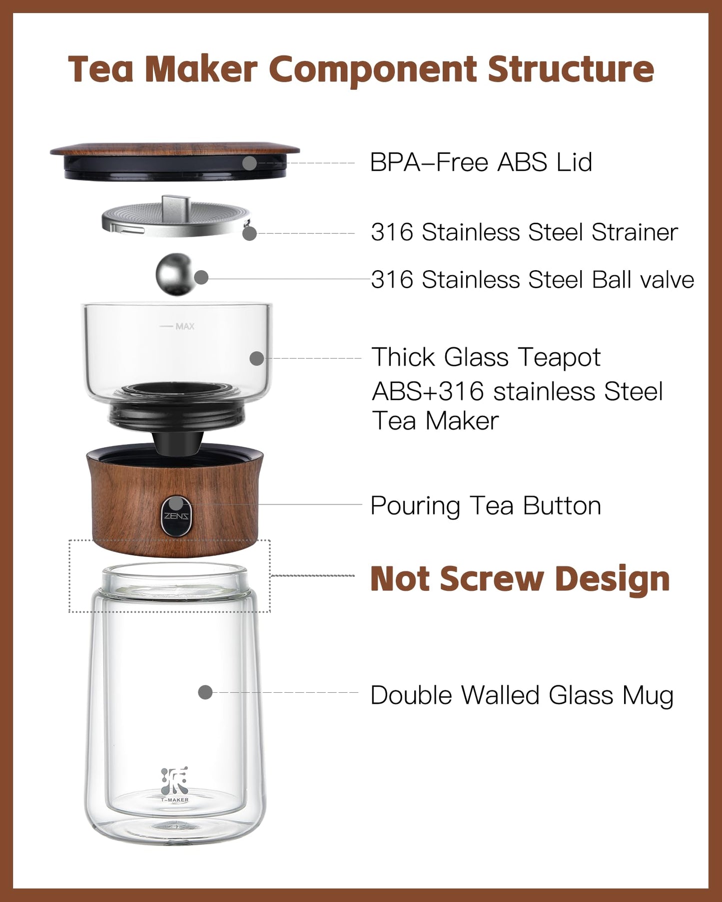 ZENS Modern Solo Tea Infuser Teapot, Smart One Touch Drip Tea Pot for Loose Tea Diffusers, Small Glass Gongfu Magical Teapot with 270ml Insulated Cup