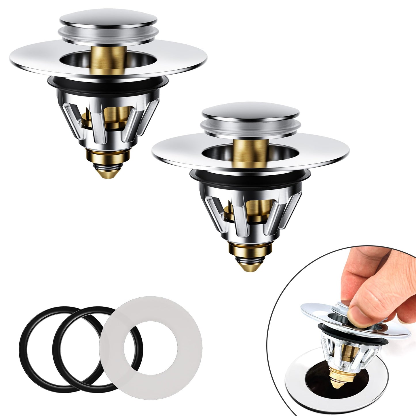 Magichome 2Pack Bathroom Sink Plug Replacement, Pop Up Sink Plug for 34-45mm Drain Holes, Universal Sink Plug with Drain Strainer for Wash Basin