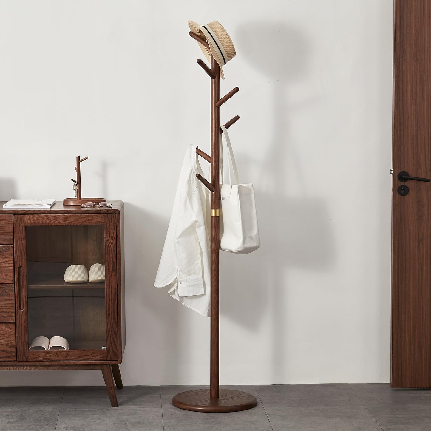 Homruilink Solid Wood Coat Rack Freestanding 6 Hooks for Entryway Bedroom