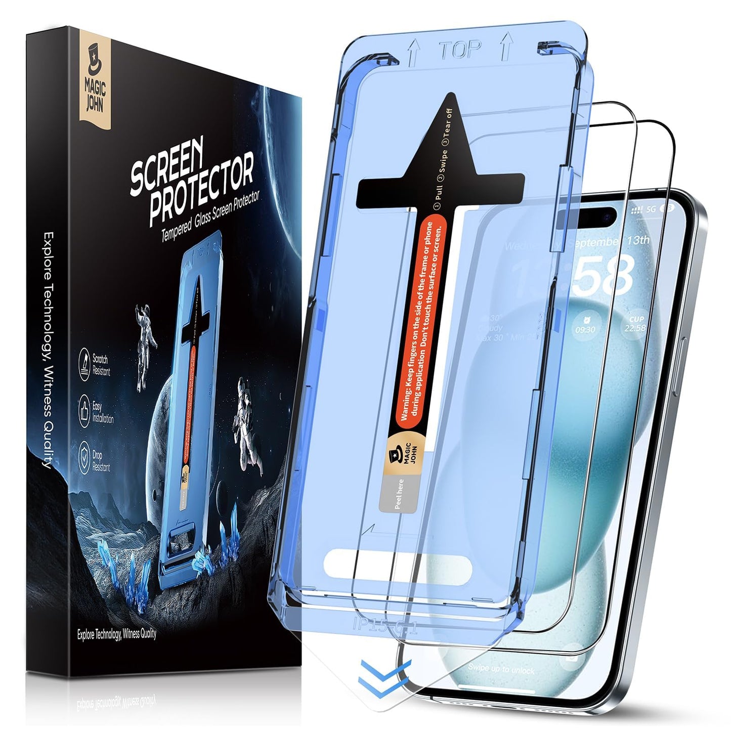 MAGIC JOHN 2 Pack for iPhone 15 Tempered Glass Screen Protector 6.1 inch, Auto Dust-Elimination Installation, Bubble Free, Dynamic Island Compatible,