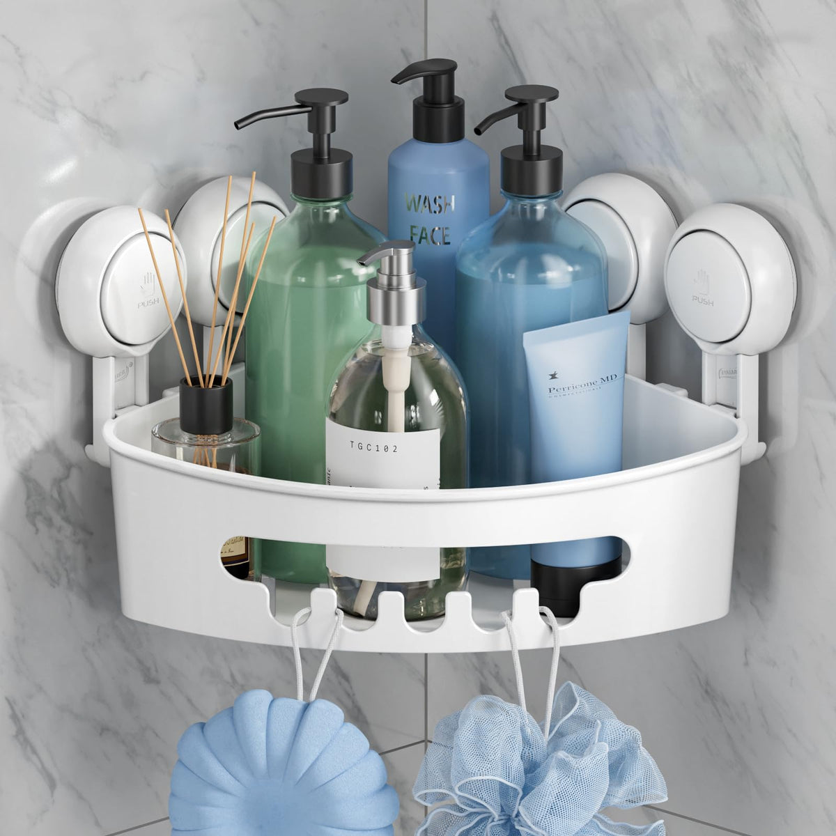 TAILI Shower Corner Shelves Corner Shower Caddy Suction Bathroom Shelf Small Bathroom Storage Triangle Shelf for Shampoo Conditioner Plastic Kitchen
