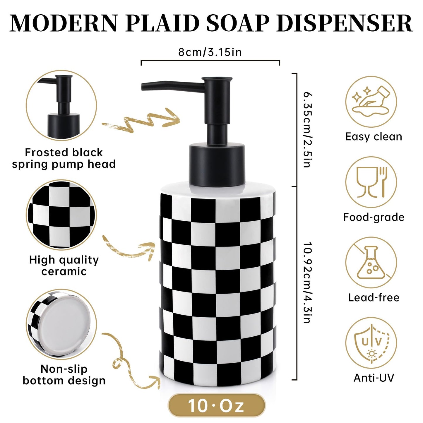 Soap Dispenser with Matte Black Pump, Ceramic Soap Dispenser Bathroom, Checkerboard Dish Soap Lotion Dispenser for Kitchen Sink