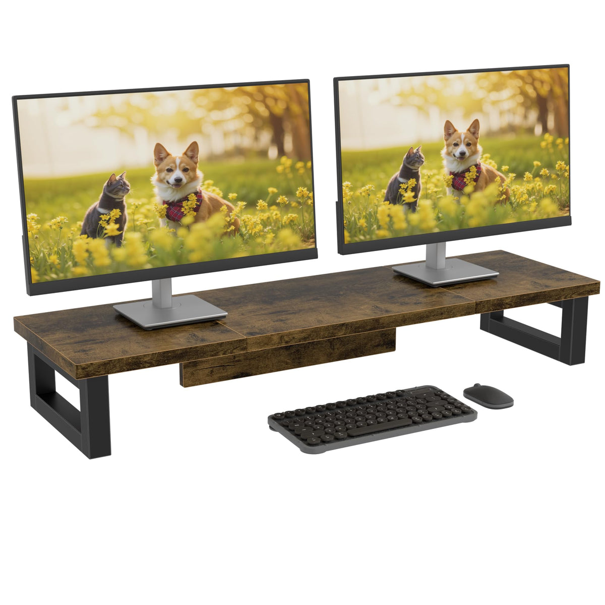OYRREU 91x26cm Dual Monitor Stand for Desks Shelf, Monitor Stand Riser Laptop PC Computer Screen Desktop Organiser for Working Gaming, Wooden