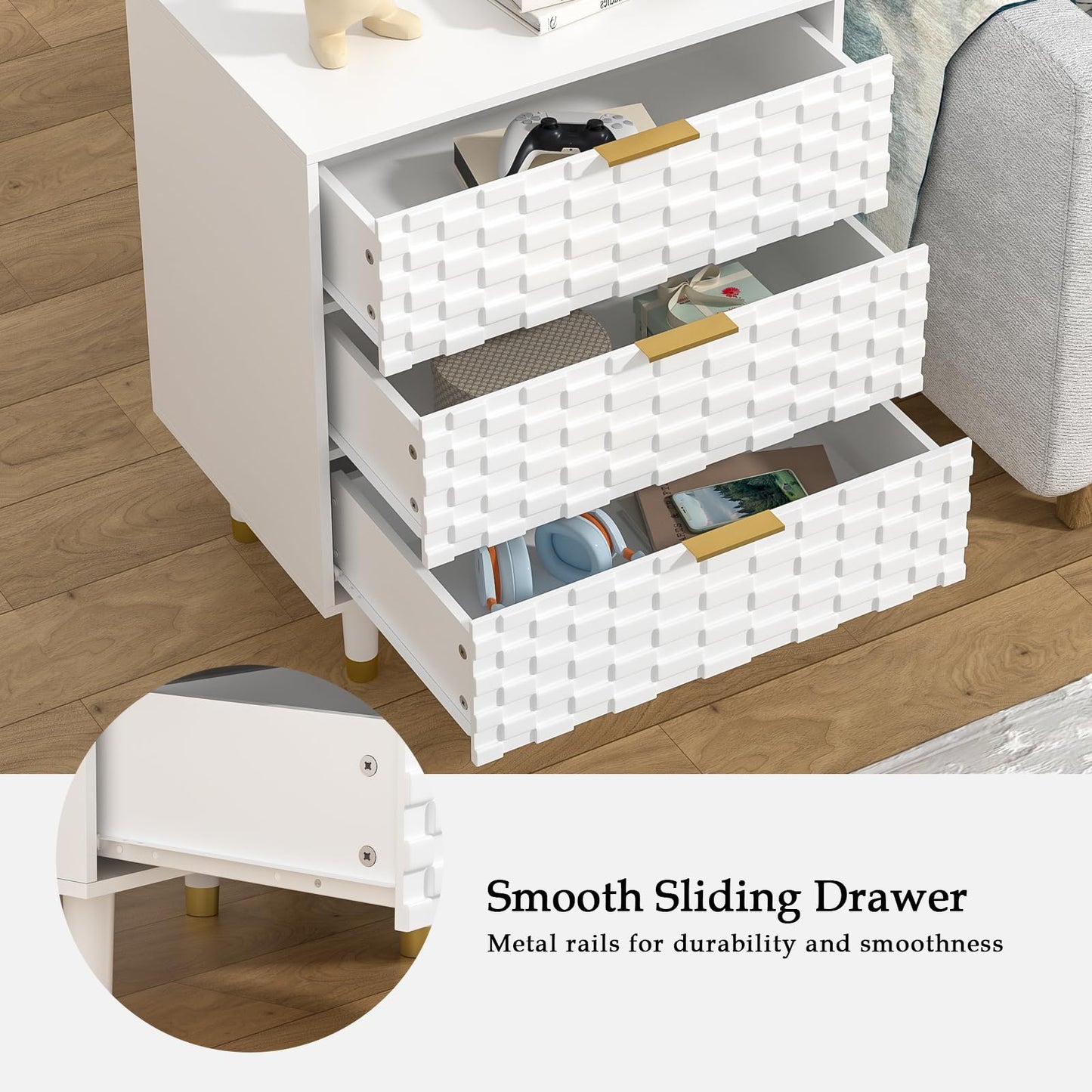 Yvsevnr Bedside Table with 3 Drawers, Bed Side Table for Bedroom, Living Room, Study, Bas-relief Nightstand, Small Chest of Drawers, Anti-Tipping