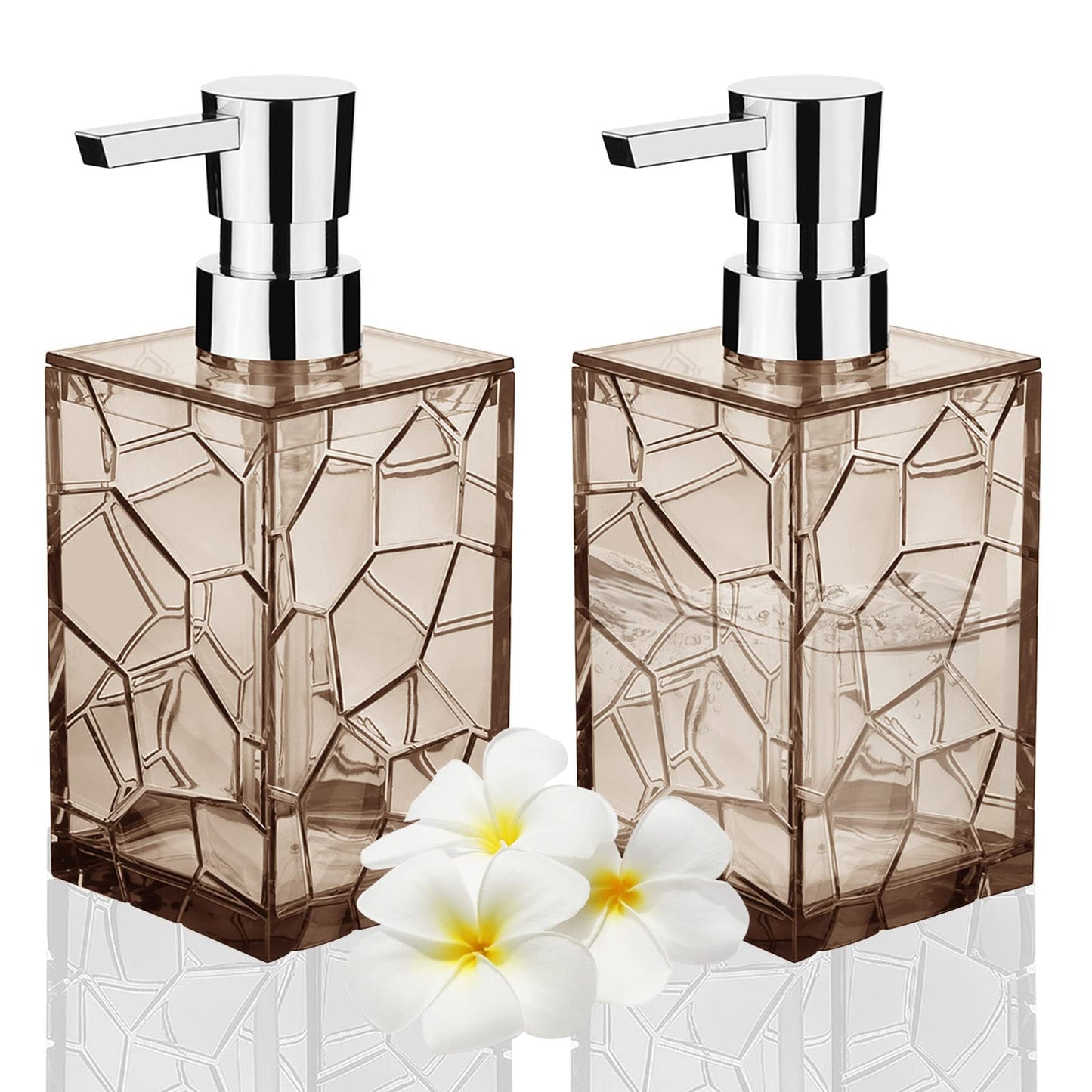 HIYAA 2 Pack Soap Dispenser 12Oz Acrylic Liquid Lotion Hand Dispensers with Pump Reusable for Bathroom, Countertop, Kitchen, Laundry Room - Amber