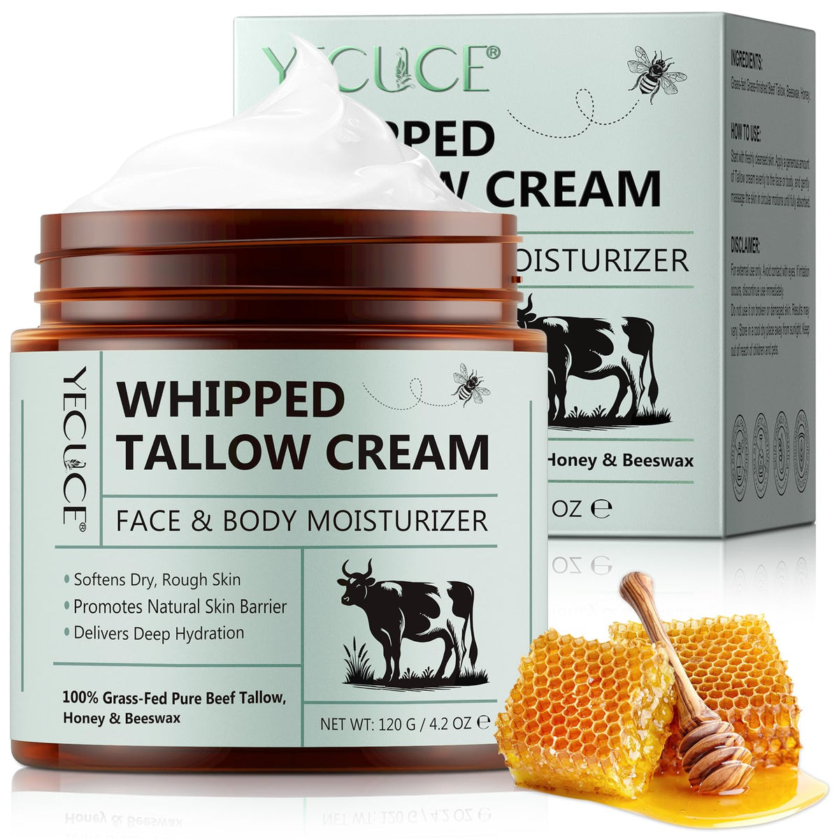 Beef Tallow for Skin Care 120 g, Tallow and Honey Balm, Tallow Face Cream, Tallow Face Moisturizer, Organic Grass-Fed Whipped Tallow Balm with Raw