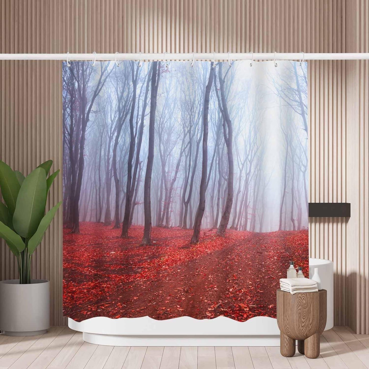 Woutay Shower Curtain Mould Proof Resistant Foggy Mystic Red Leaves,Water Repellant Fabric,Polyester,with 12 Plastic Hooks,Size 180x180CM