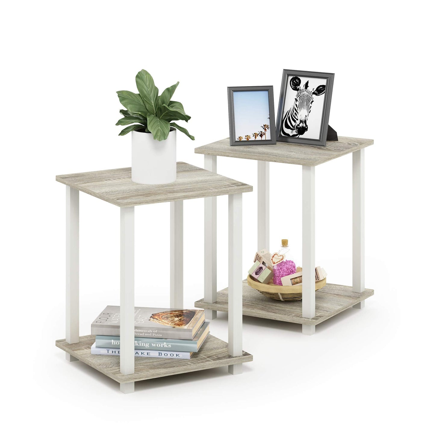 Furinno SIMPLISTIC Side Table Set of 2, 2-Tier End Table, Nightstand, Night Stand, Bedside Table, Easy Assembly, for Living Room, Bedroom, Sonoma Oak