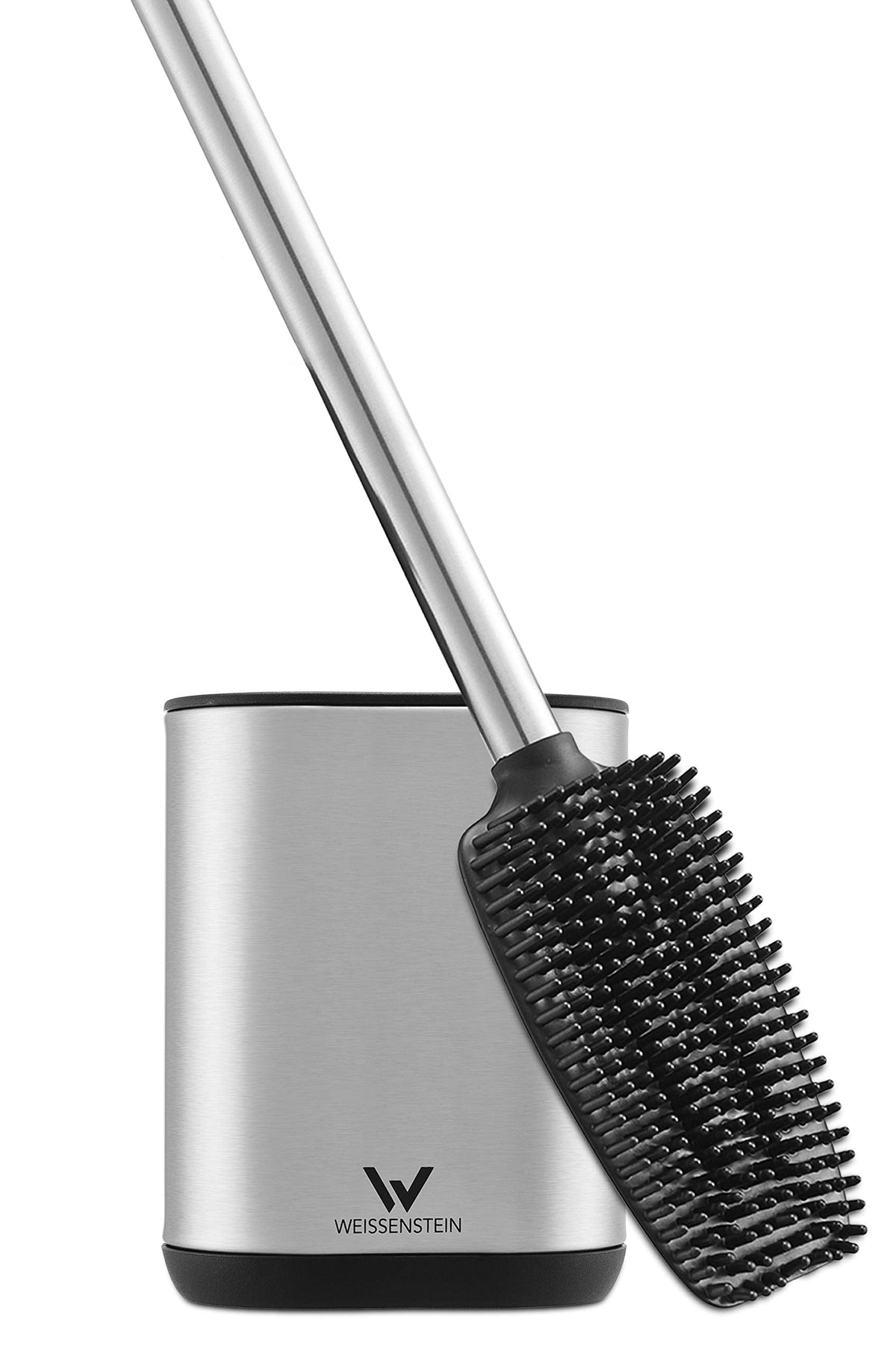 WEISSENSTEIN Toilet Brush with Silicone Bristles and Black Silver Holder, Triangular Shape, Soft Bristles, Long Handle, Modern Design, No Drilling