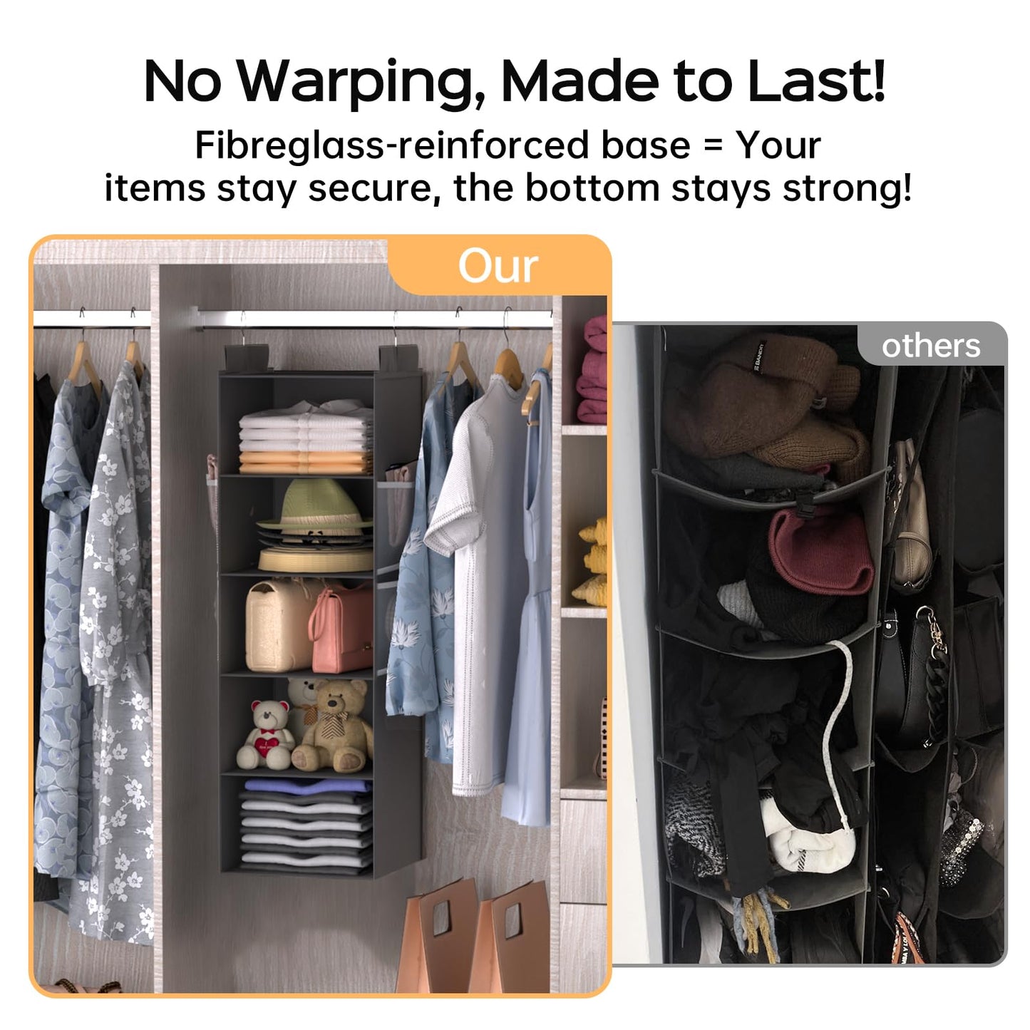 ALLTIDYUP Extra Deep Hanging Wardrobe Organizer – 5-Shelf Closet Storage with Large Mesh Pockets, Heavy-Duty Clothes Organizer, Perfect for Dorms