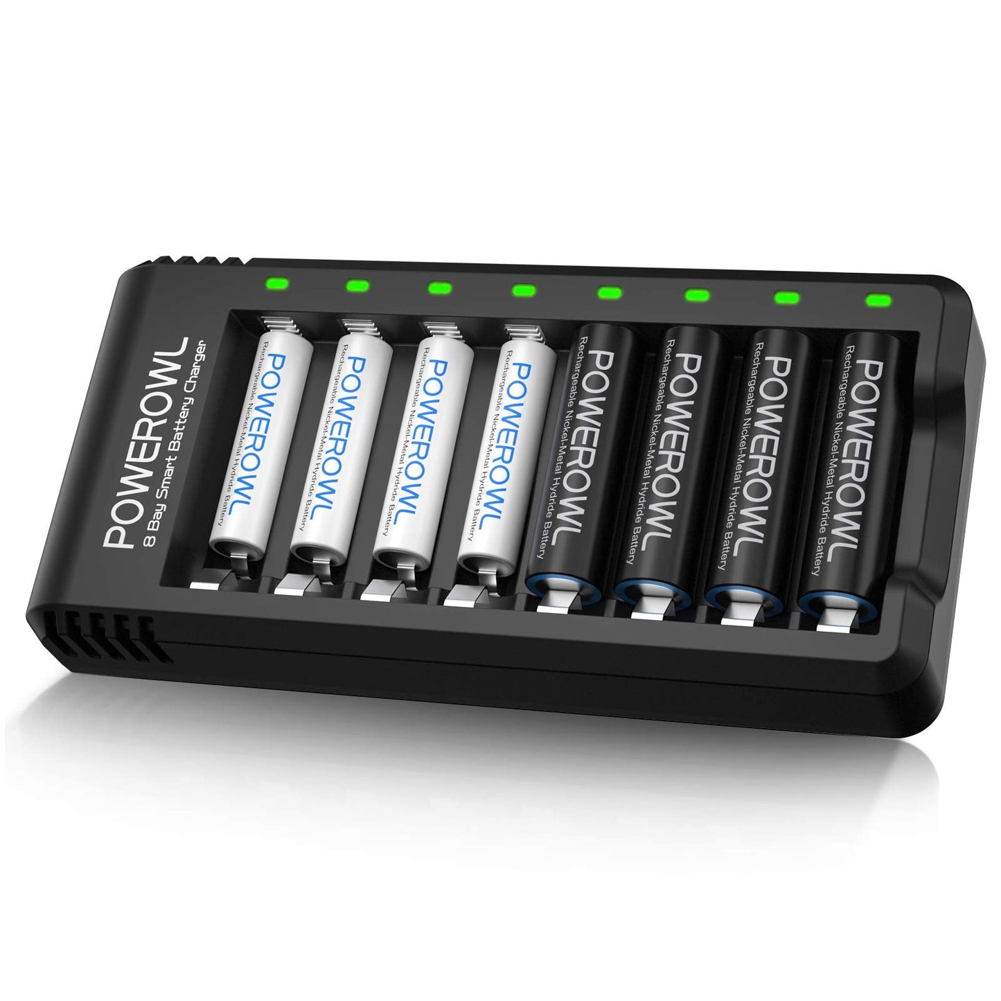 POWEROWL - 4 Pcs AA 2800mAh & 4 Pcs AAA 1000mAh Rechargeable Batteries with 8 Slot Smart Battery Charger Set, USB Fast Charging for Ni-MH
