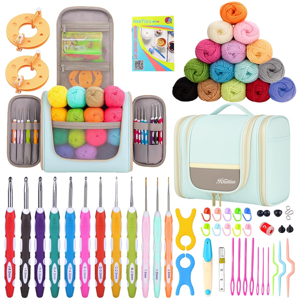 Knitiss Crochet Kits with Case, Beginner Crochet Set Includes 15 Yarn Skeins & 12 Ergonomic Crochet Hooks