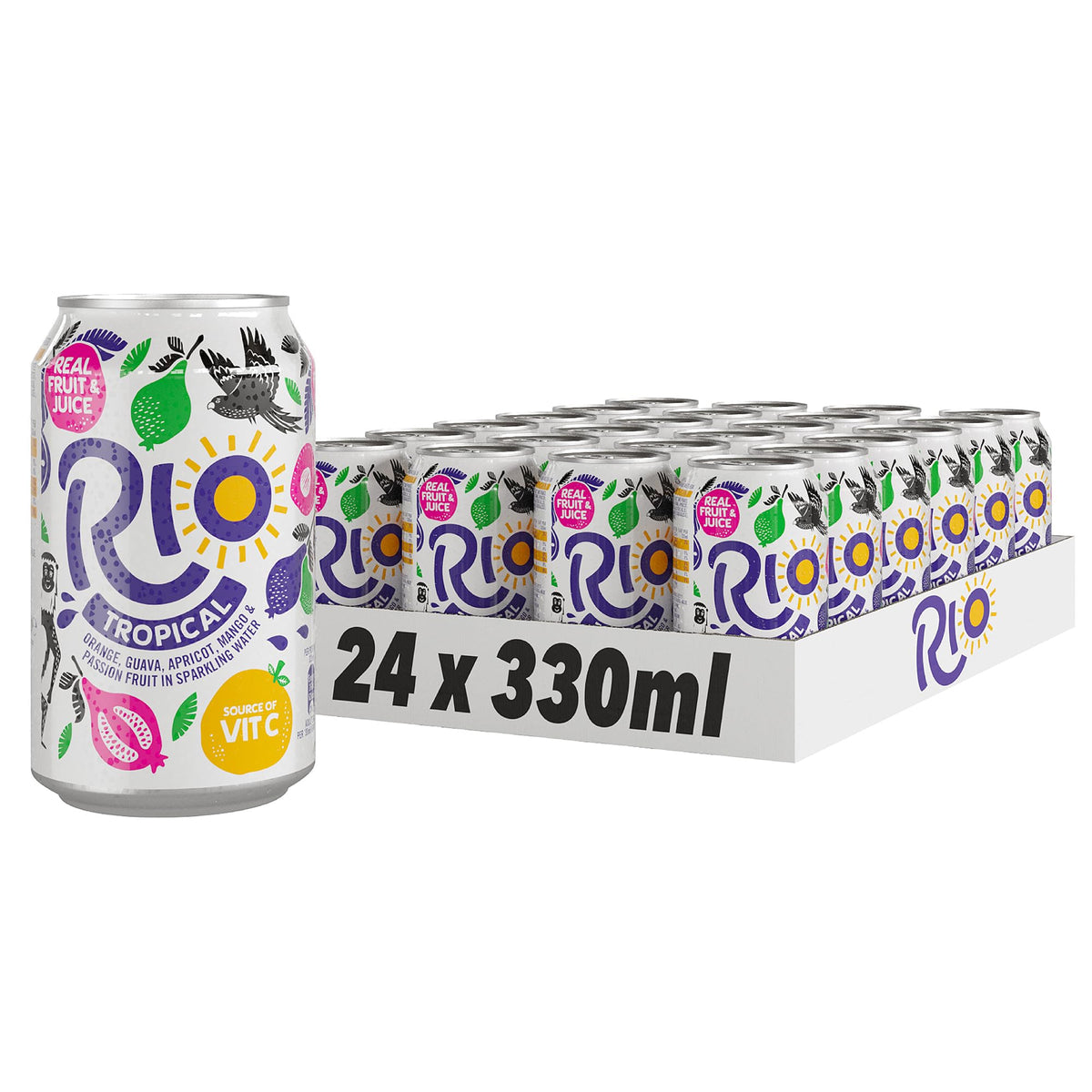 Rio Tropical Original Fizzy 24 Cans Soft Drink Pack with Real Orange, Apricot, Mango, Passion Fruit and Guava Juice Flavours Lightly Sparkling Cans of