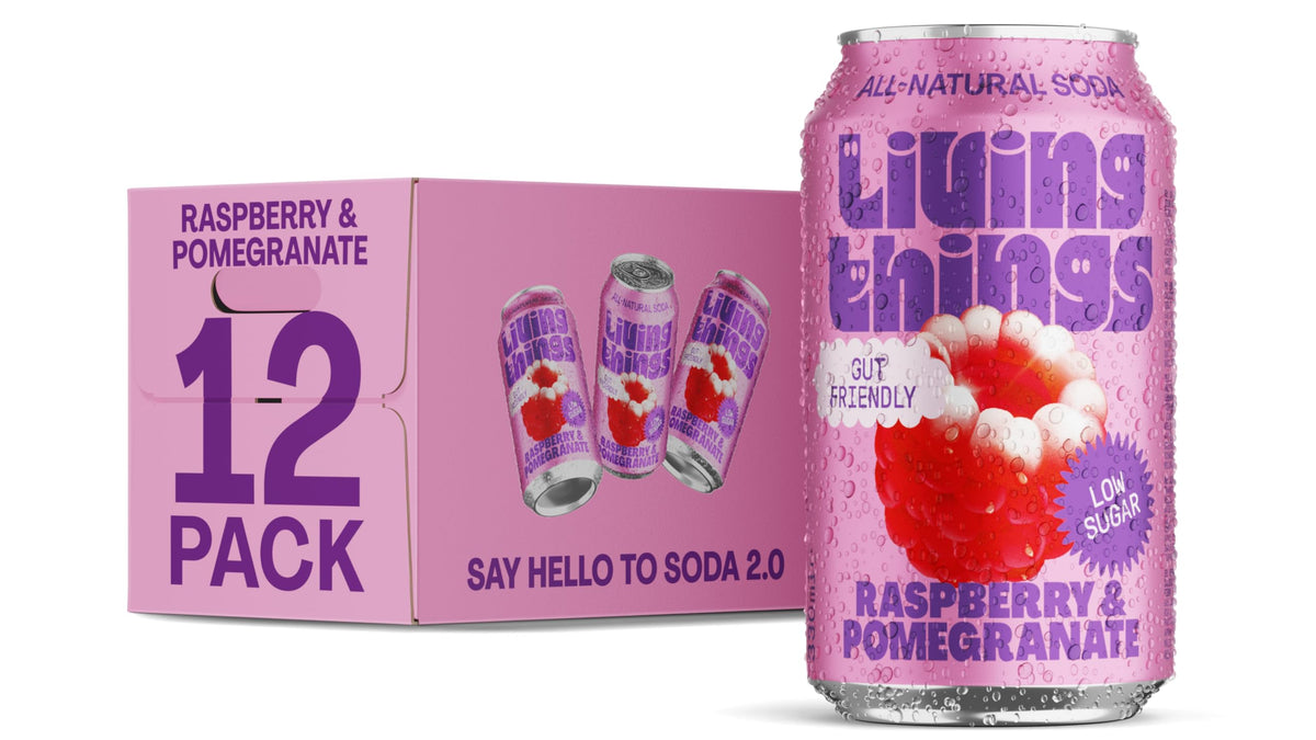 Living Things Prebiotic Soda - Gut Health & Low Calorie Drink - 12 x 330ml Cans - High in Fibre - Raspberry & Pomegranate