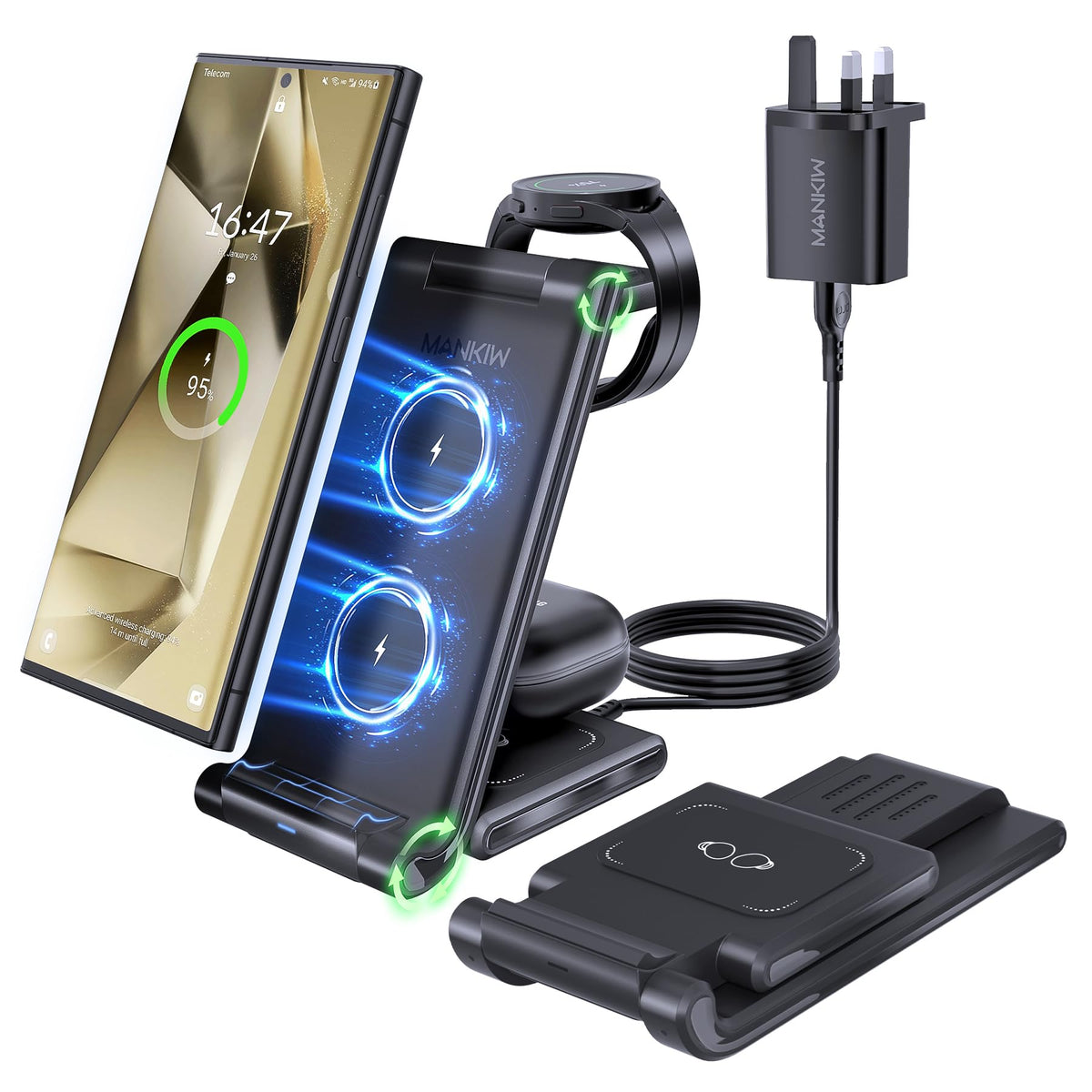 Wireless Charging Station for Samsung, MANKIW Foldable 3 in 1 Wireless Charger Compatible with Samsung S25/S24/S23/S22/S21/S20, Z Fold 6/5/4/3,