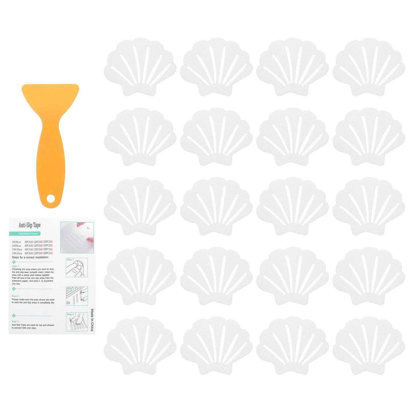 sourcing map 20Pcs Non-Slip Bathtub Stickers, 9x7 cm Shell Shape Shower Floor Non Slip Stickers with Scraper for Bathroom Shower Stairs Ladders, White