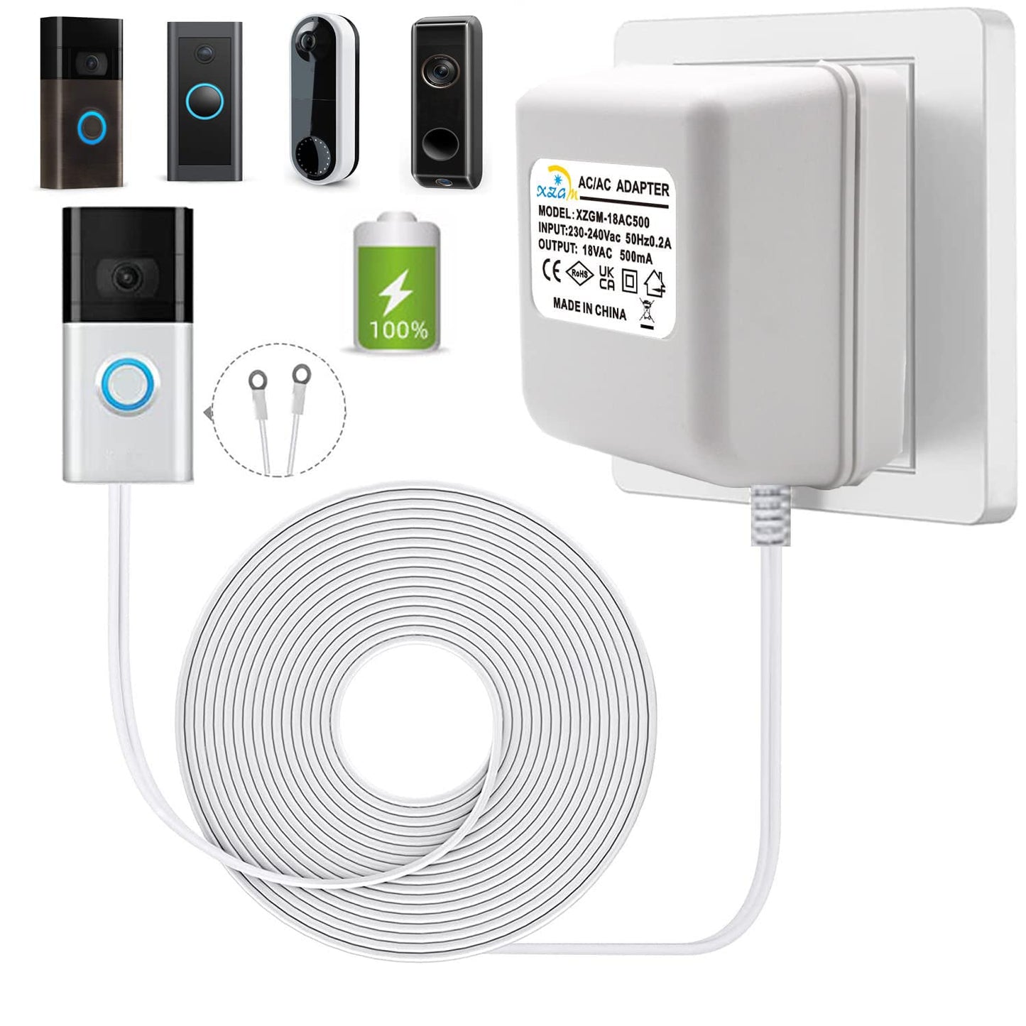 Doorbell Power Transformer,18V500MA Video Doorbell Power Adapter,UK Plug,for Ring,Nest,Eufy,Arlo,Wyze,Video Doorbell Equipment(8M Extension Cable