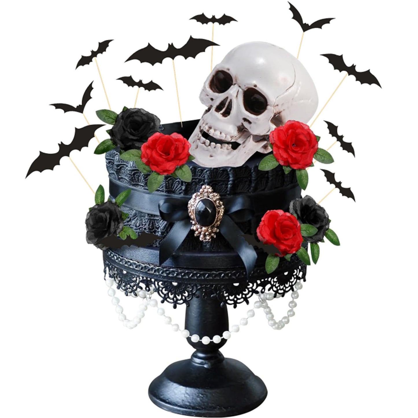 Gothic Cake Decorations - 29PCS Gothic Rose Skull Cake Topper, Halloween Cake Topper Set With Skull Rose Bat Ghost Designs, Black Cake Decorations,