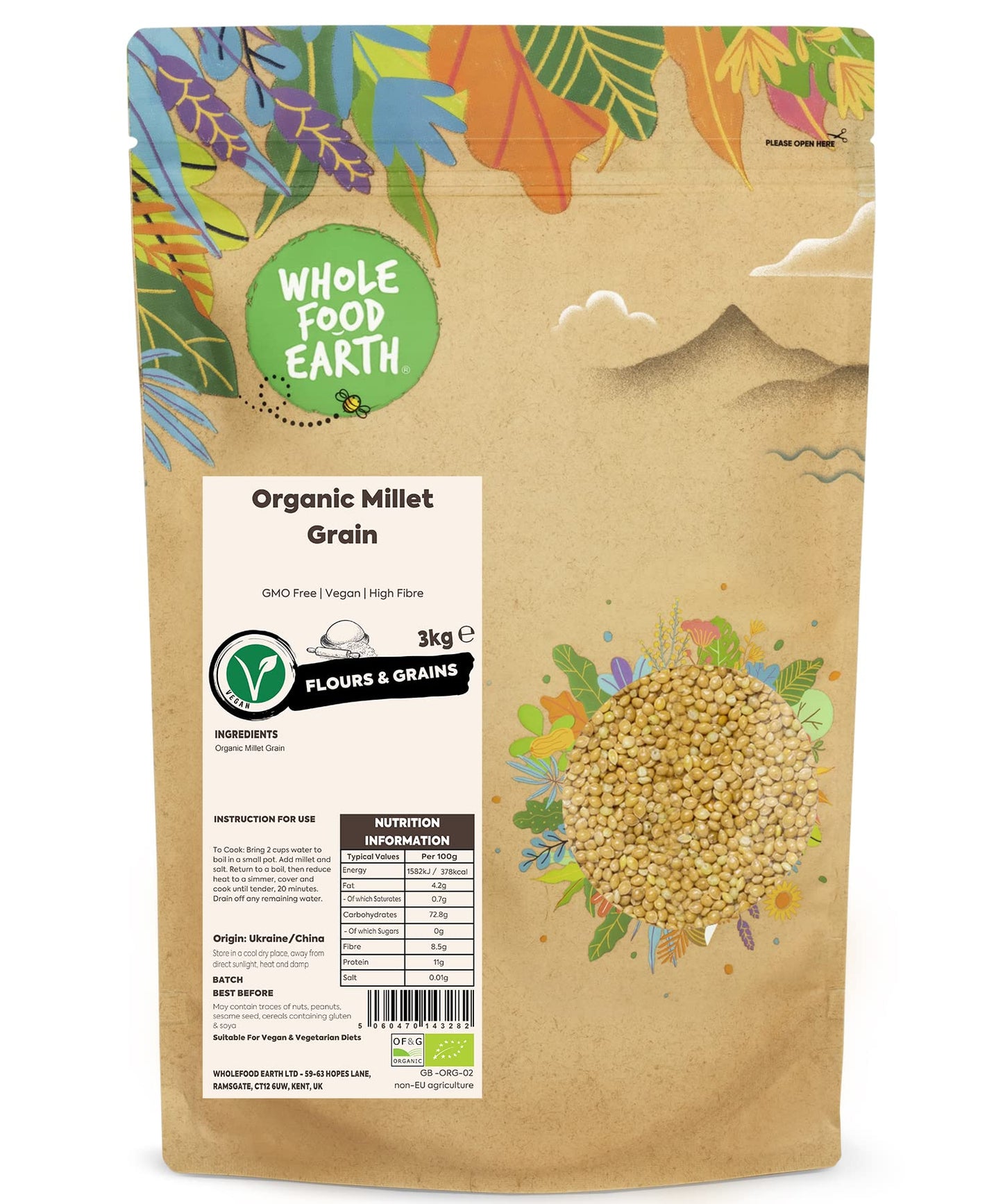 Wholefood Earth Organic Millet Grain ? 3 kg | GMO Free | Vegan | High Fibre | Certified Organic