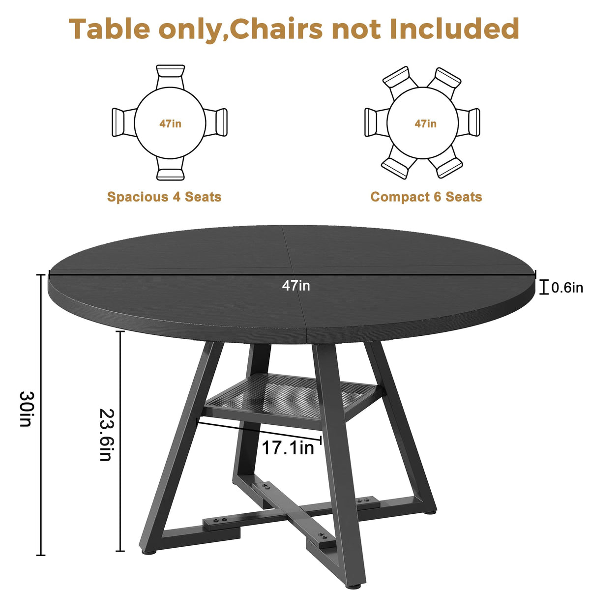 Jocoevol Round Dining Table for 4 People, Circle Dinner Table with Shelves, Space Saving Wood Kitchen & Dining Room Furniture (Black, 47 inch