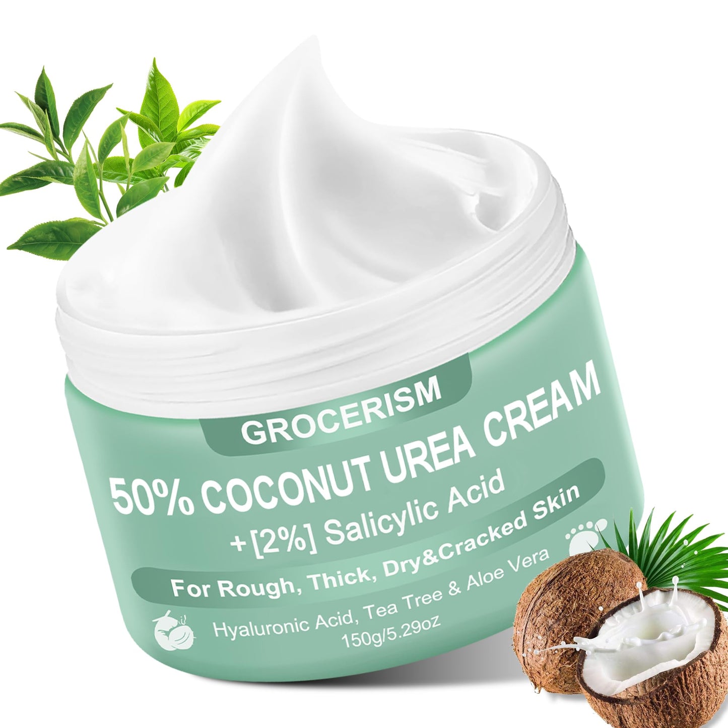 Urea Cream 50 Percent for Feet with Coconut 5.29 oz || Foot & Hand Cream Maximum Strength with 2% Salicylic Acid, Tea Tree and Aloe Vera for Deep