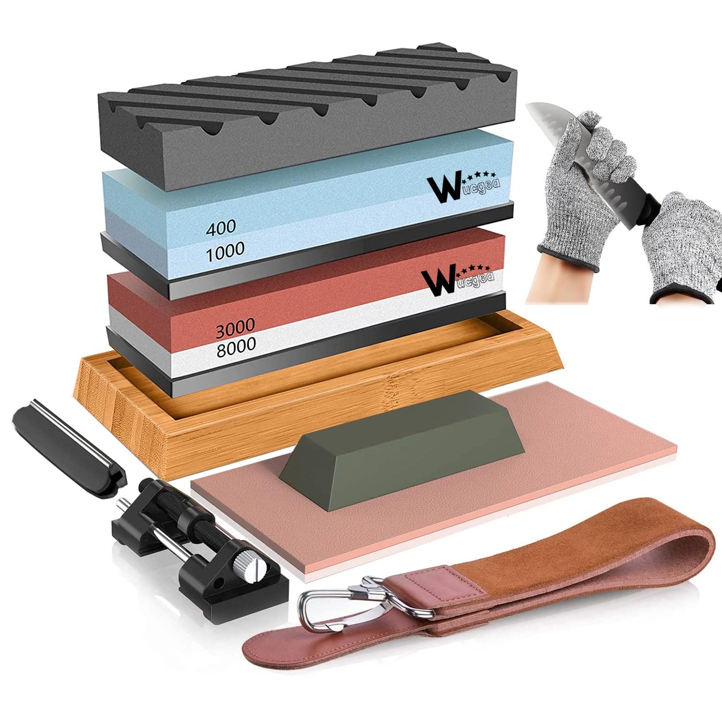 Professional Knife Sharpeners kit 400/1000 3000/8000 Grit Whetstone Knife Sharpener Set with Non-Slip Rubber Base, Angle Guide, Flattening, Leather
