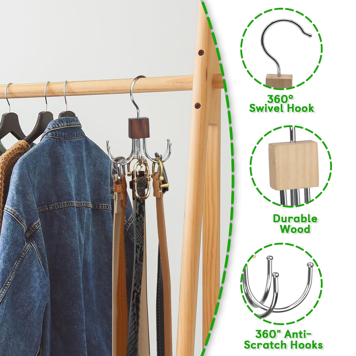 LMSAWK Belt Hanger For Closet, Hanging Holder Storage Hook for Belt, Rotatable Belt Rack Closet Accessories, for Socks, Belt, Gloves, 6 Hooks