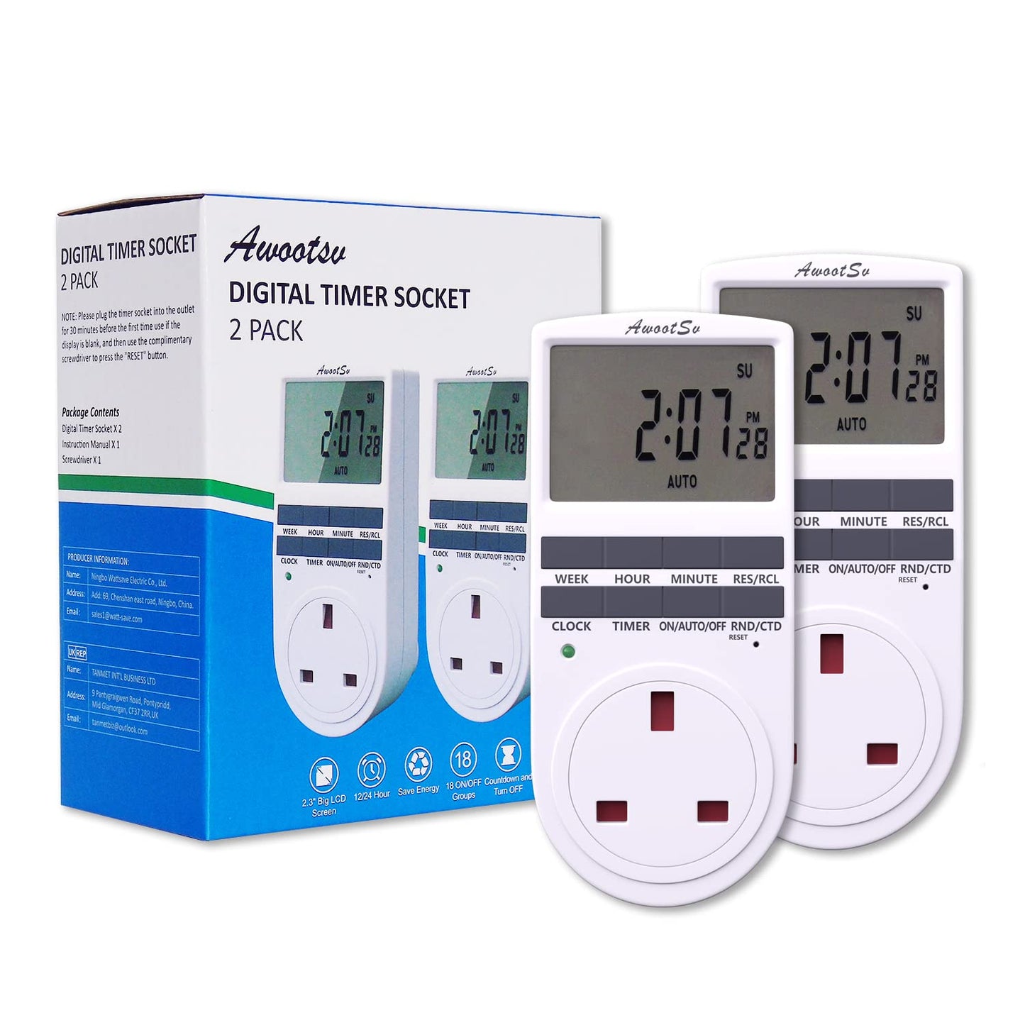 Awootsv Digital Timer Socket with Countdown Function LCD Display 24 Hours/Weekly Indoor Plug in Electrical Timer for Lights and Home Appliances (2