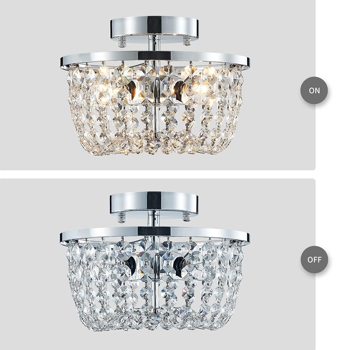WUZUPS Crystal Chandelier Semi-Flushmount Ceiling Light Modern Lighting Fixture for Bedroom Hallway Bar Kitchen Bathroom, H 19.3cm W 25cm, Chrome, G9