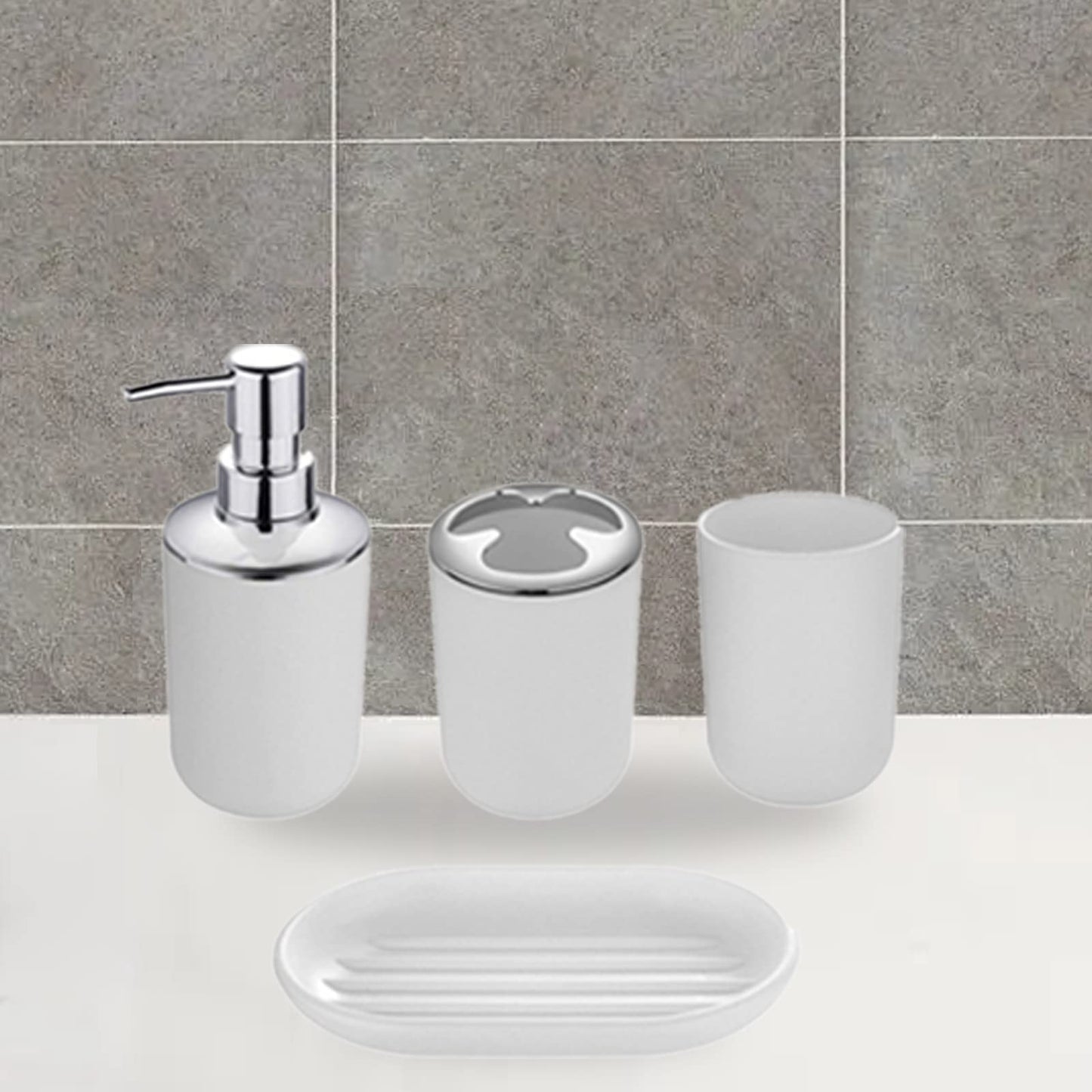 Hosoncovy 4 Pieces Bathroom Accessory Set with Soap Dispenser, Bathroom Cup, Soap Dish ,Toothbrush and Toothpaste Holder (White)