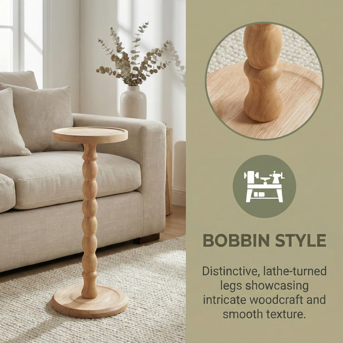 Perclyzm Solid Oak Wood Round Side Table, Rustic Brown Tall Pedestal Drinks Table, Light Walnut Finish, Tray Top for Living Room, Sofa, Bedroom
