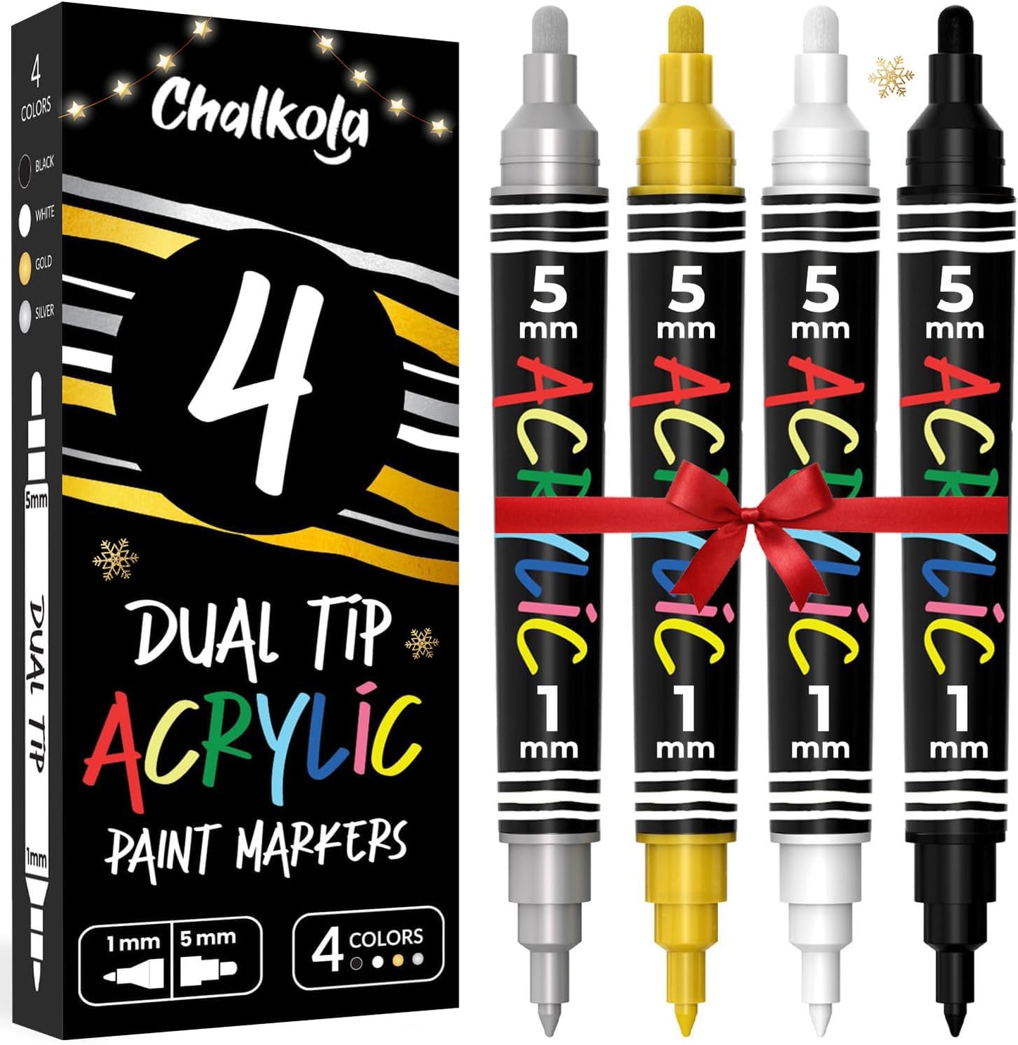 Chalkola 4 Acrylic Paint Pens Dual Tip (White, Black, Gold & Silver) 1mm Fine Tip & 5mm Medium | Permanent Acrylic Paint Markers for Rock Painting,