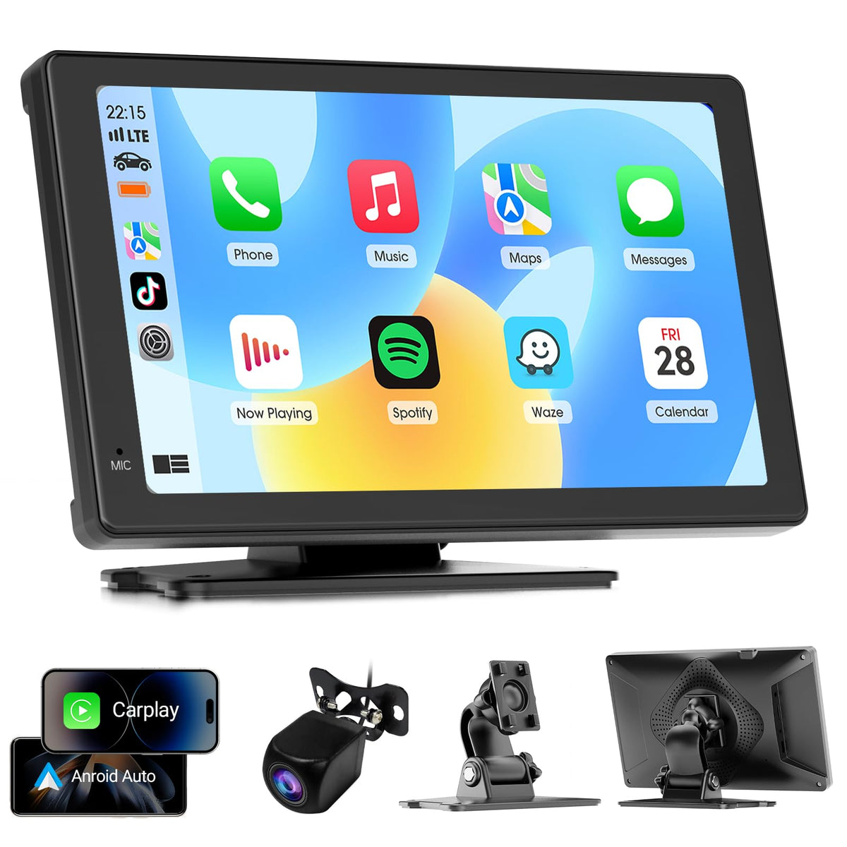 Haudio Car Stereo 7 Inch Carplay Screen for Apple & Android Auto, Portable Car Player with 1080P Rear Camera, Wireless Car Play with Voice Control &