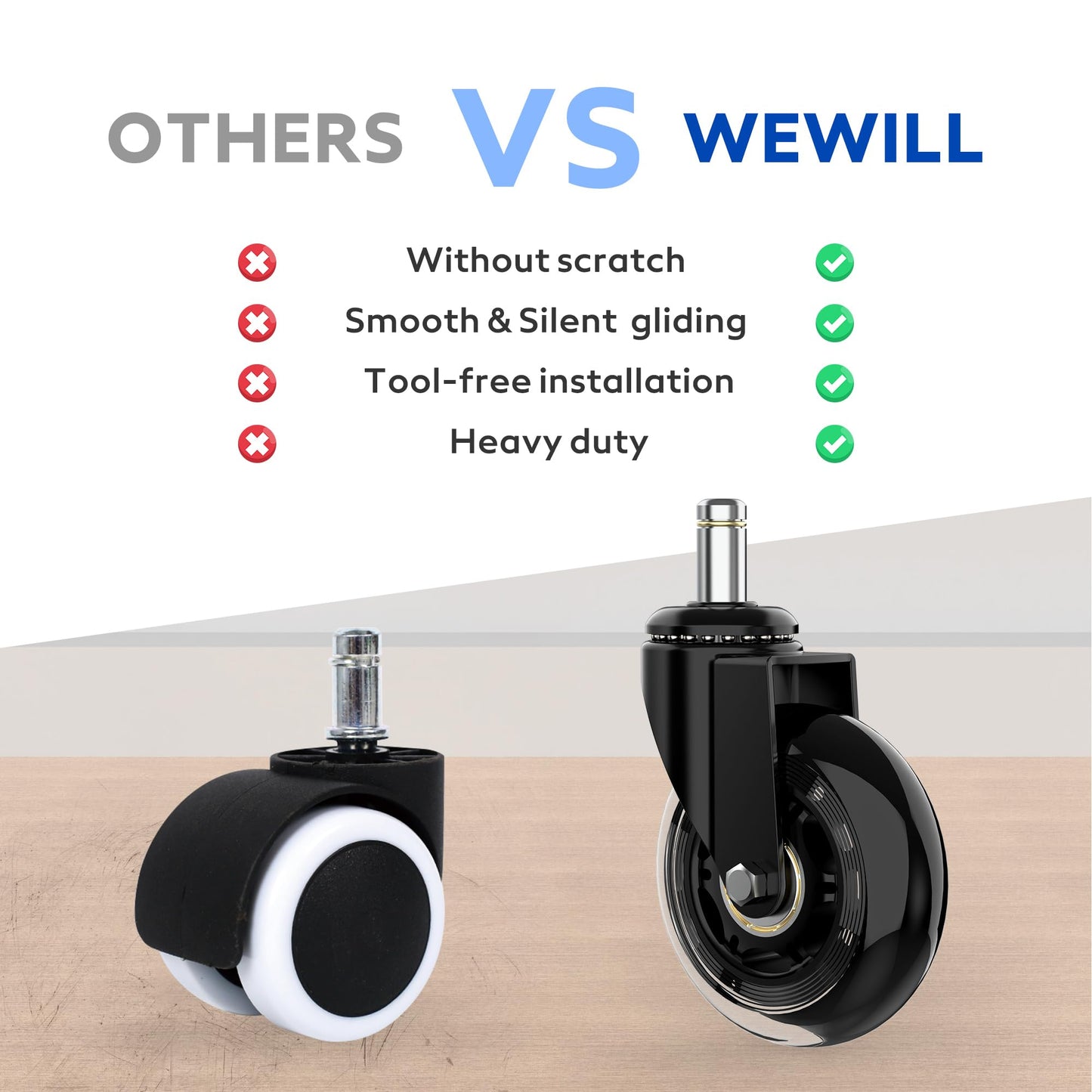 WEWILL Chair Casters Set Floor Wheels Swivel Wheels for Office Chair Hard Universal Compatible with Different Seats (10x22mm)