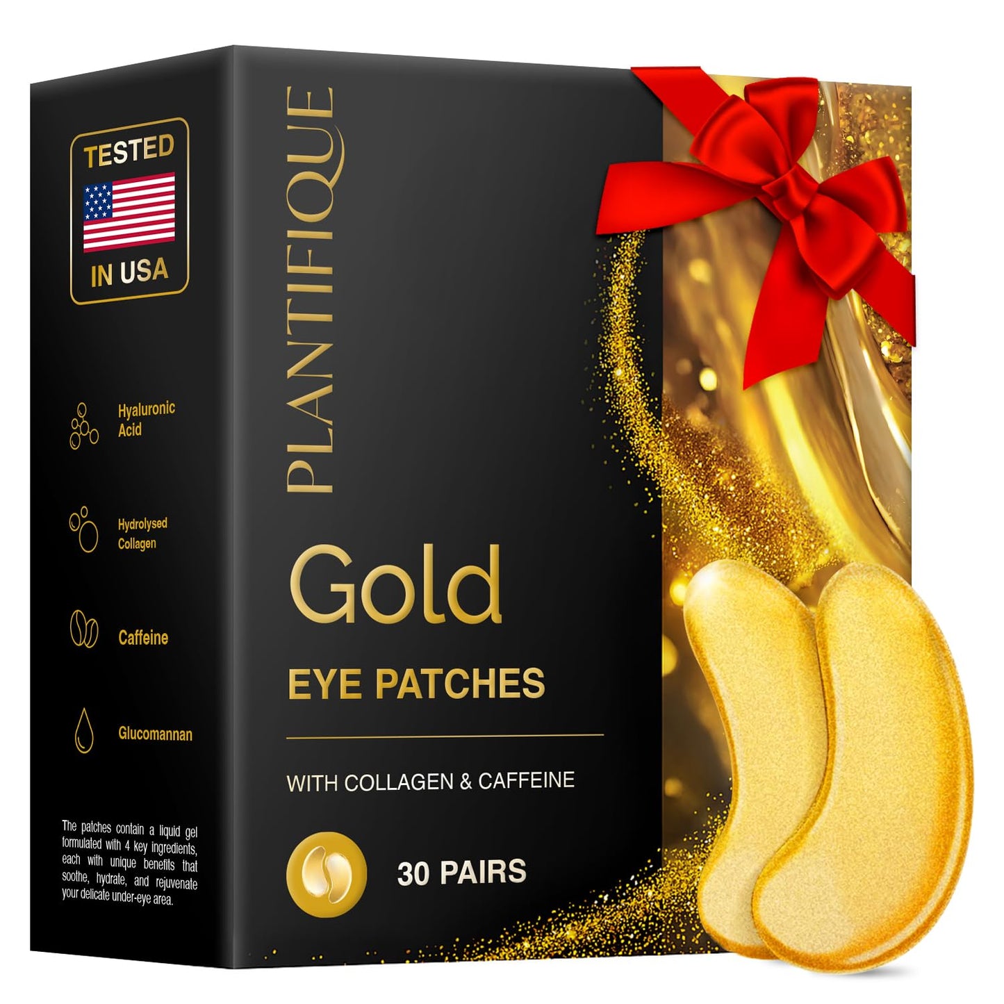 Plantifique 24K Gold Under Eye Patches, 30 Pairs Under Eye Gel Patches for Dark Circles with Collagen & Caffeine, Cooling Eye Mask for Puffy Eyes and