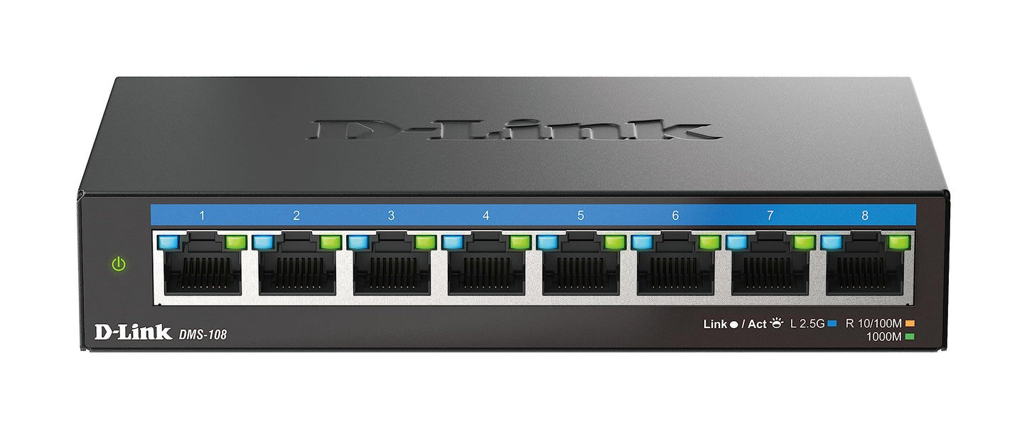 D-Link DMS-108 8-Port 2.5G Multi-Gigabit Unmanaged Desktop Switch with eight 2.5 Gigabit Ports, Fanless, Low Profile, Compact, Metal Housing, QoS,