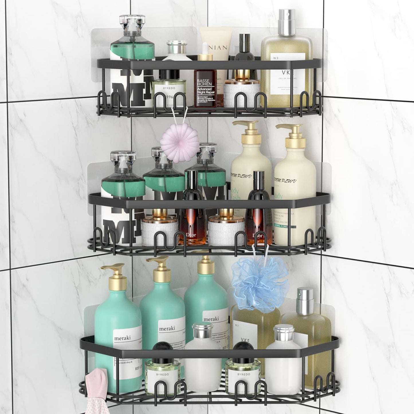 STEUGO Corner Shower Caddy, Shower Organizer with 12 Hooks,3-Pack Adhesive Stainless Steel Shower Shelves for Bathroom Storage,No Drilling Wall