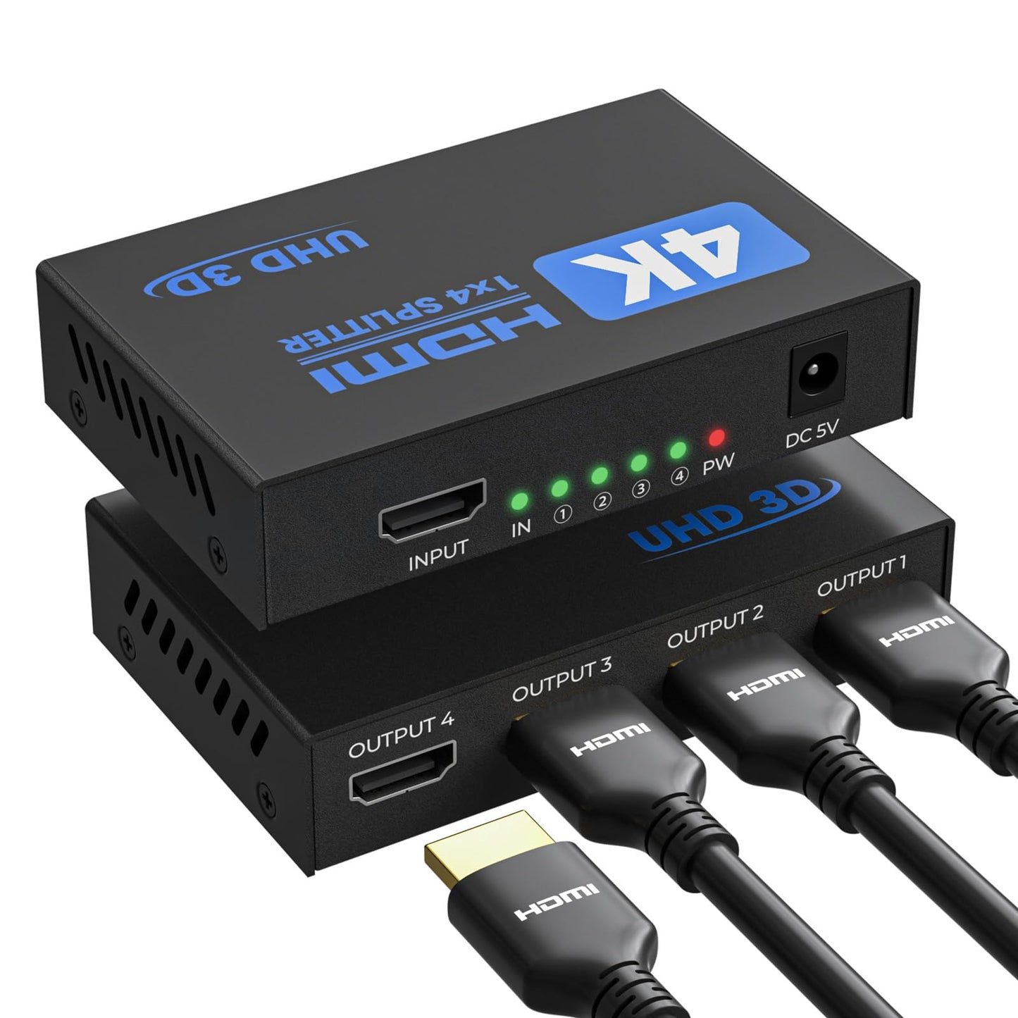 4K HDMI Splitter 1 in 4 Out with EDID HDCP HDR 3D, 4 Way Distribution for PC, Laptop, HDTV, Projector, 4-Port Splitter Copy 1 Source to 4 Displays at