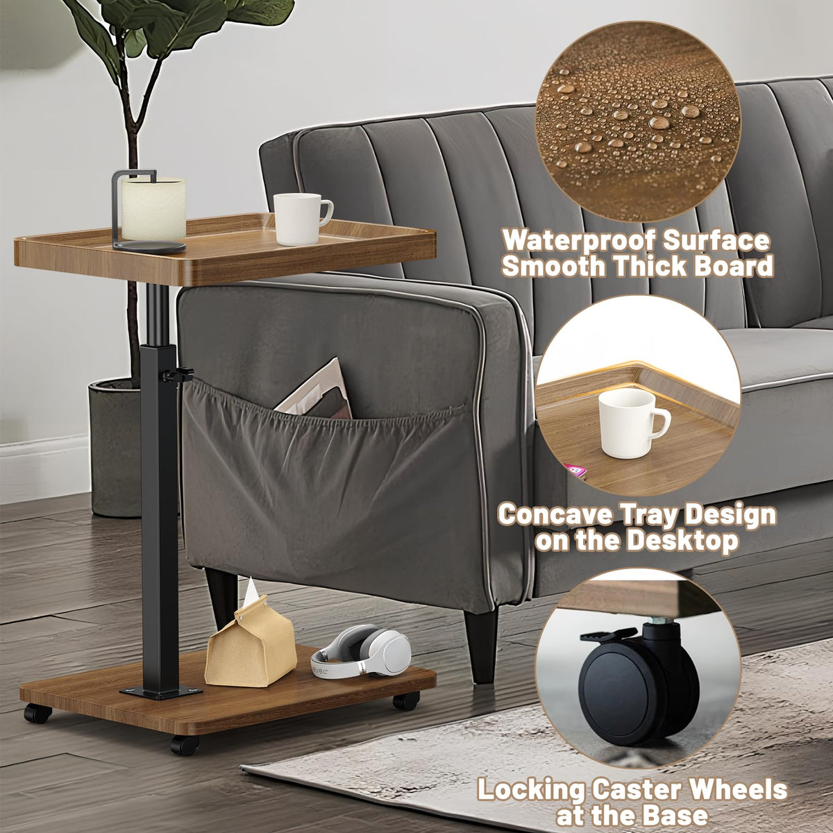Lnopever Adjustable Side Table C Shaped Side Table with Wheels & 360° Swivel Tray, Swivel Side Tables for Living Room