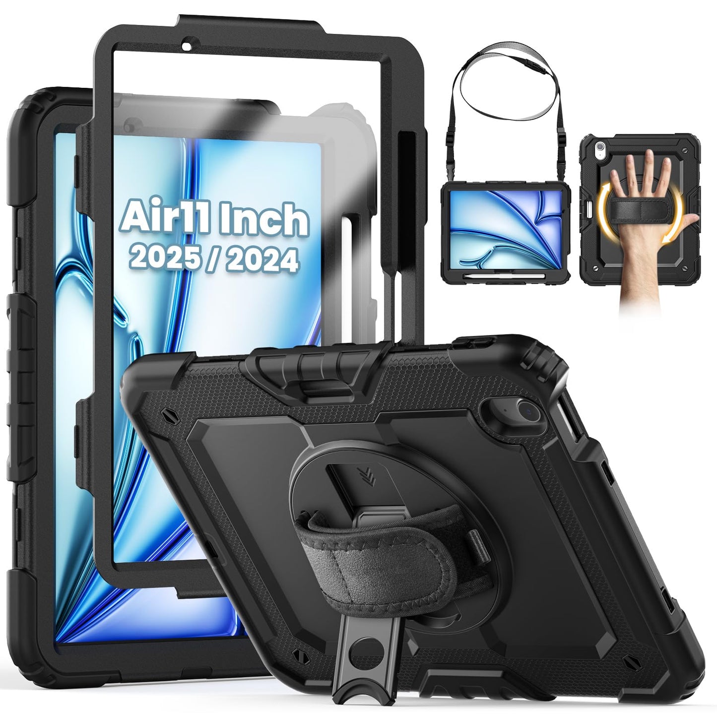 SEYMCY Case for iPad Air 11 Inch 2025(M3 7th) /2024(M2 6th), Full Body Shockproof with Screen Protector, 360? Rotating Stand & Hand Strap, Shoulder