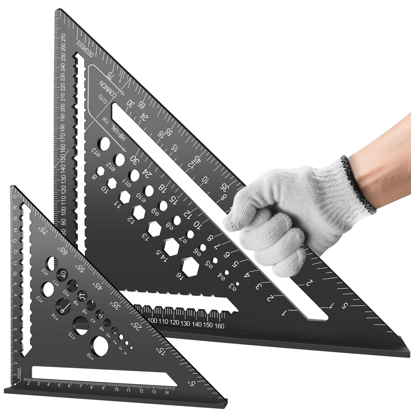 Flintronic 2 Pcs Speed Square Set, 18+30cm/ 7+12inch Aluminum Alloy Triangle Ruler, Metric Woodwork Squares with Carpenter Pencil* 2, Carpenters