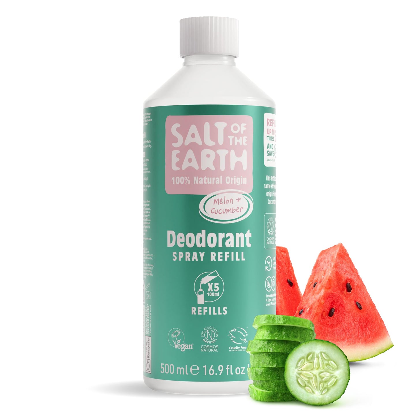 Salt of the Earth - Natural Deodorant Spray Refill - Melon & Cucumber - 100% Natural Origin Ingredients - Vegan - Suitable for Men, Women & Children -