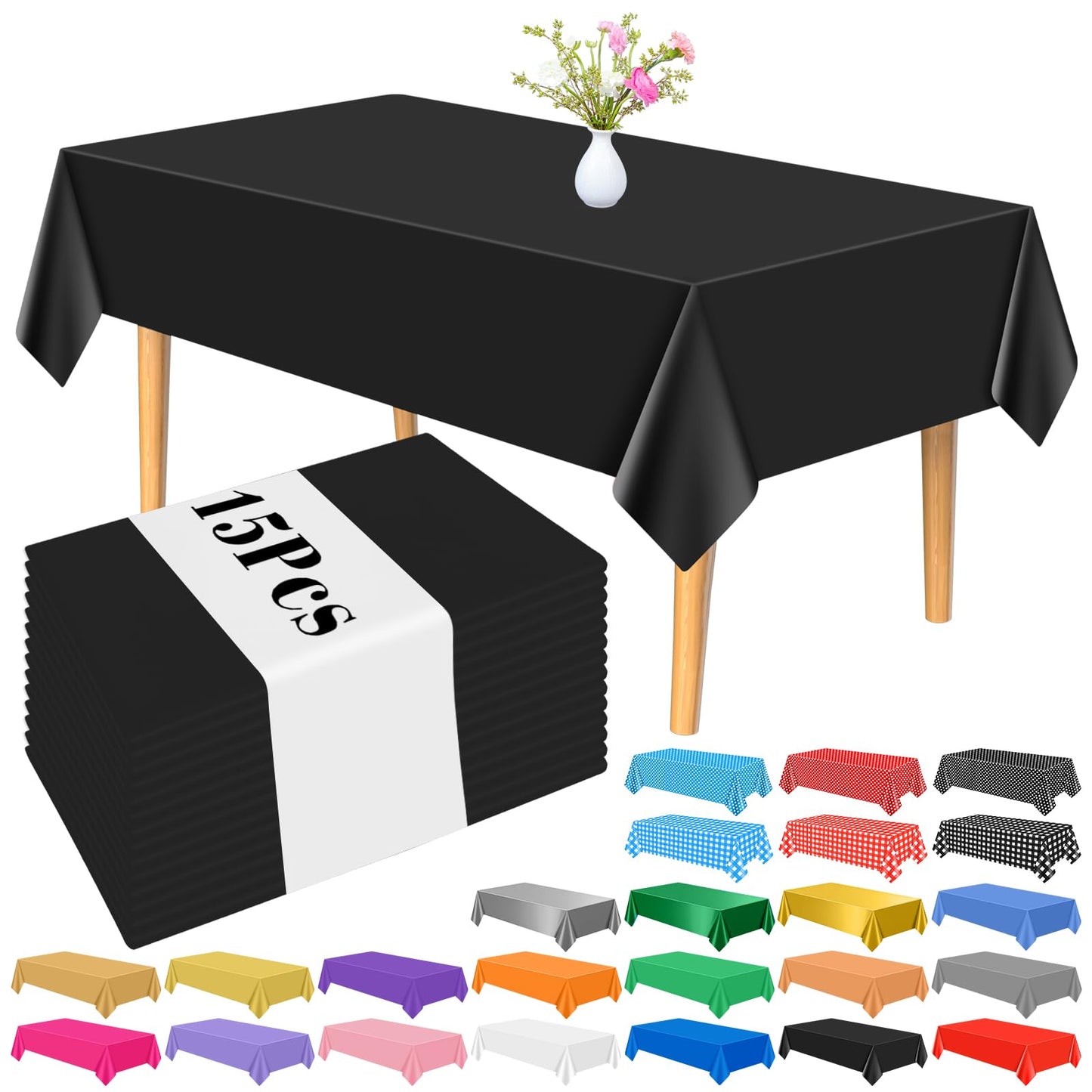 PLULON 15Pcs Black Tablecloth Plastic Table Cover 137 x 274cm Rectangle Table Cloth for Graduation Birthday Halloween Party Home Kitchen Dining Table