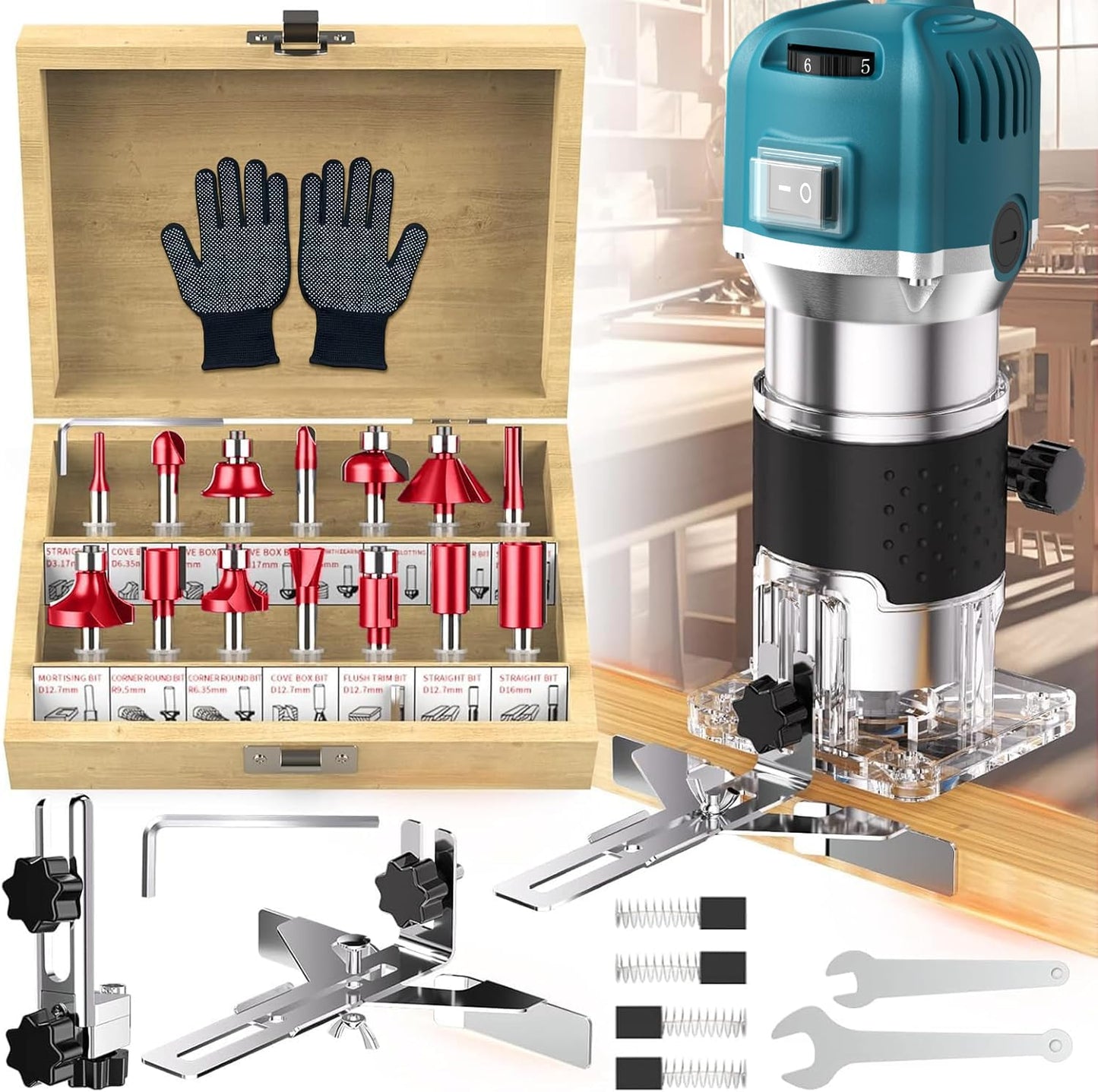 Palm Router Tool, 800W 30000Rpm Electric Woodworking Hand Router with Trimmer Base & 15Pcs 1/4"(6.35mm) Router Bits Set, 220V Wood Trimmer Router