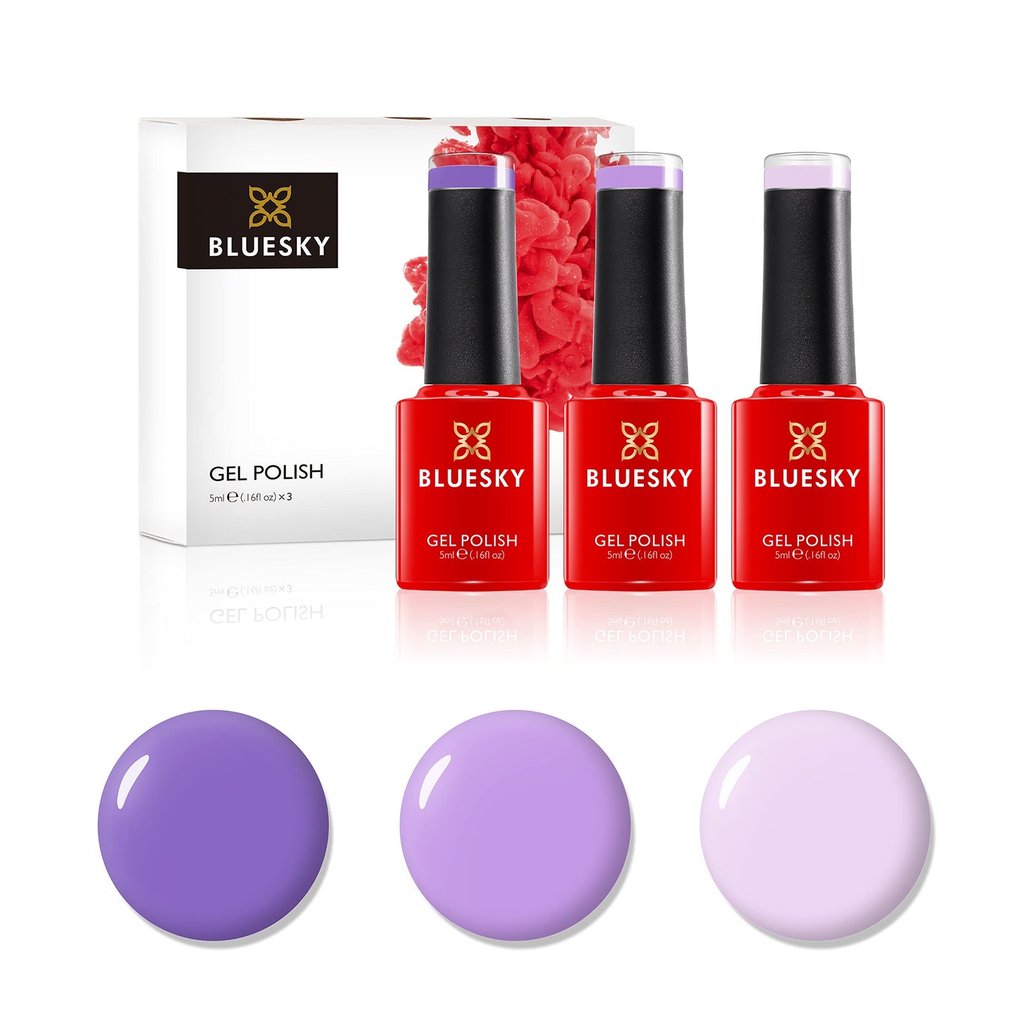 Bluesky Gel Nail Polish Set, Luscious Lilacs, Satin Sheets Nd01, Lavender Neon23, Lilac Longing 80548, 3 x 5 ml, Purple, Mauve (Requires Curing Under